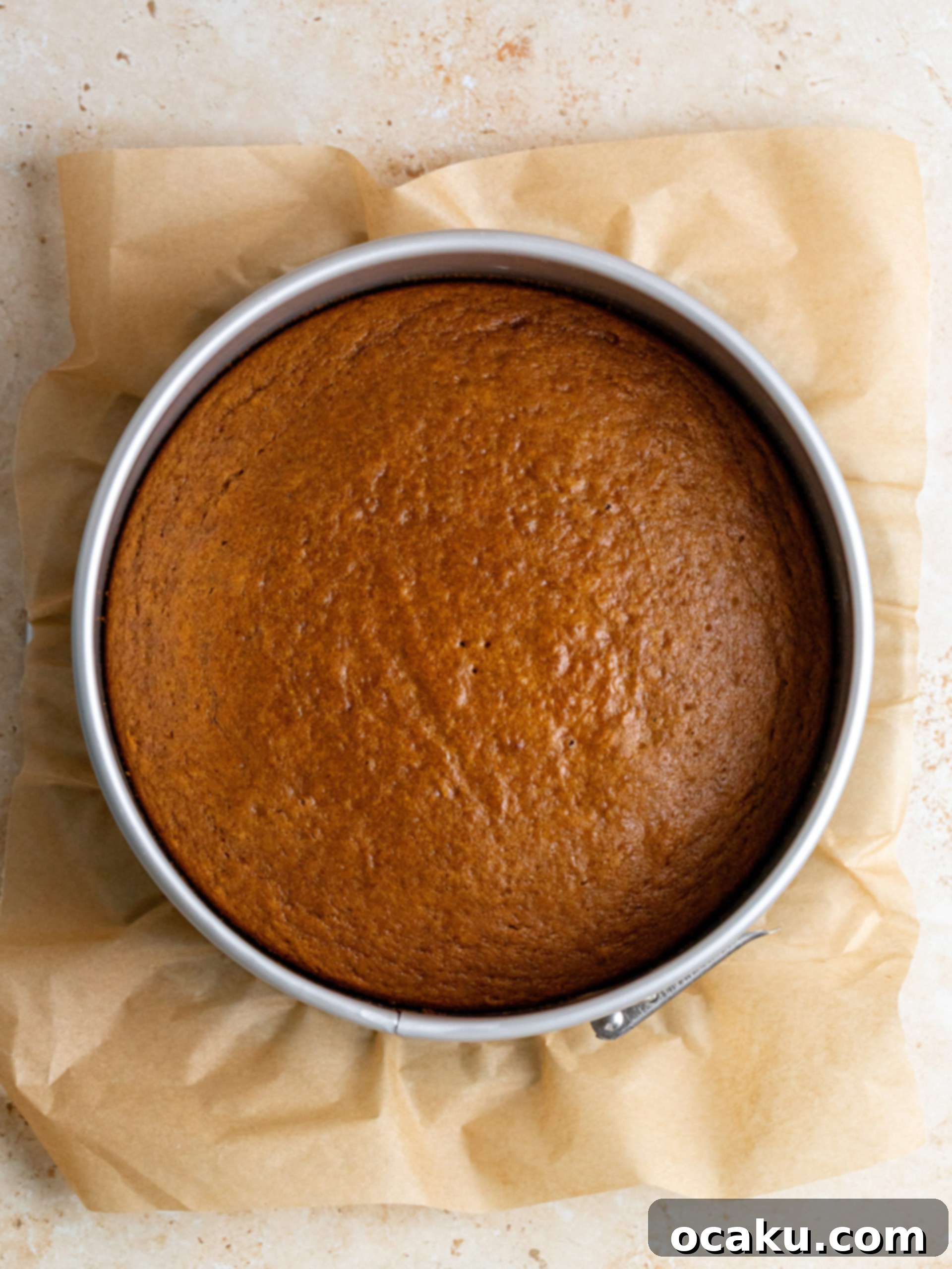 Maple Caramel Pumpkin Cake with Whipped Cream Cheese 5 Cake batter being poured into a round springform pan lined with parchment paper.