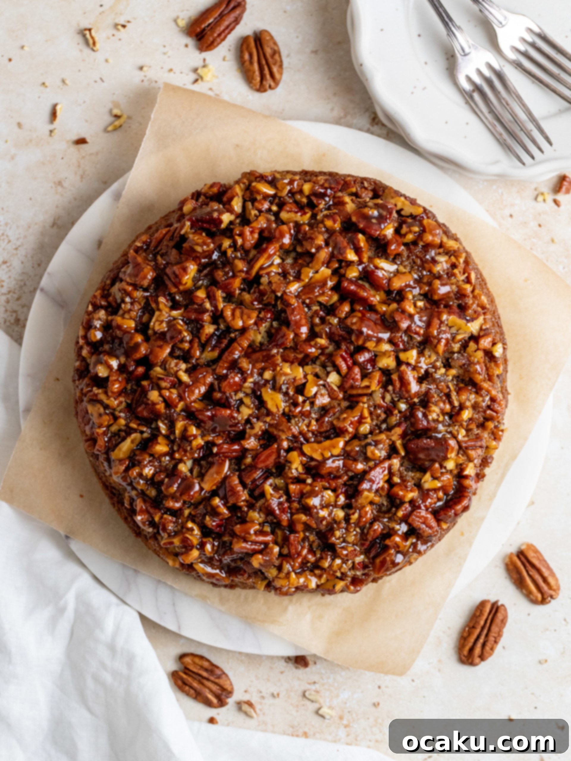 Flipping the Pecan Pie Upside Down Cake