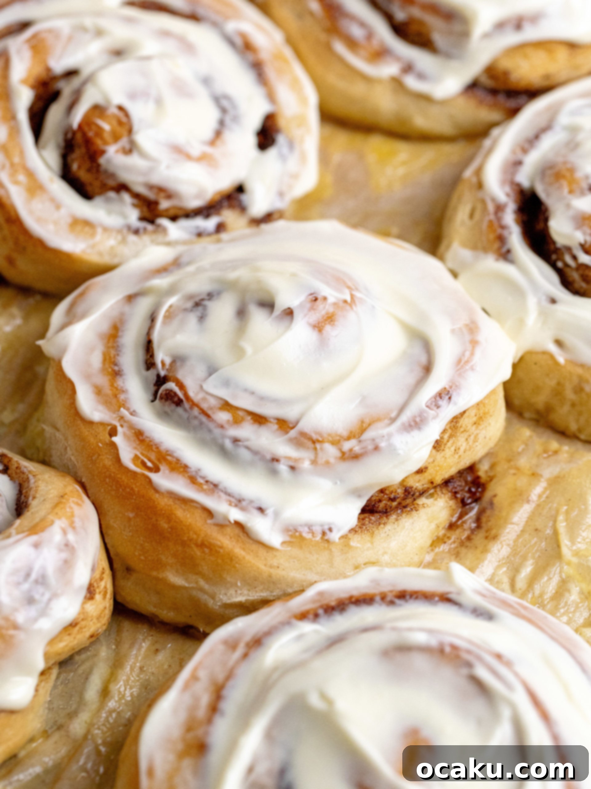 Freshly baked giant cinnamon rolls with cream cheese frosting, showing their soft, gooey texture.