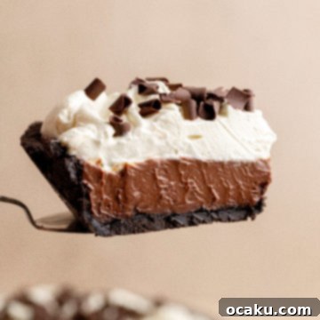A slice of Chocolate Coffee Pie on a plate, garnished with shaved chocolate.