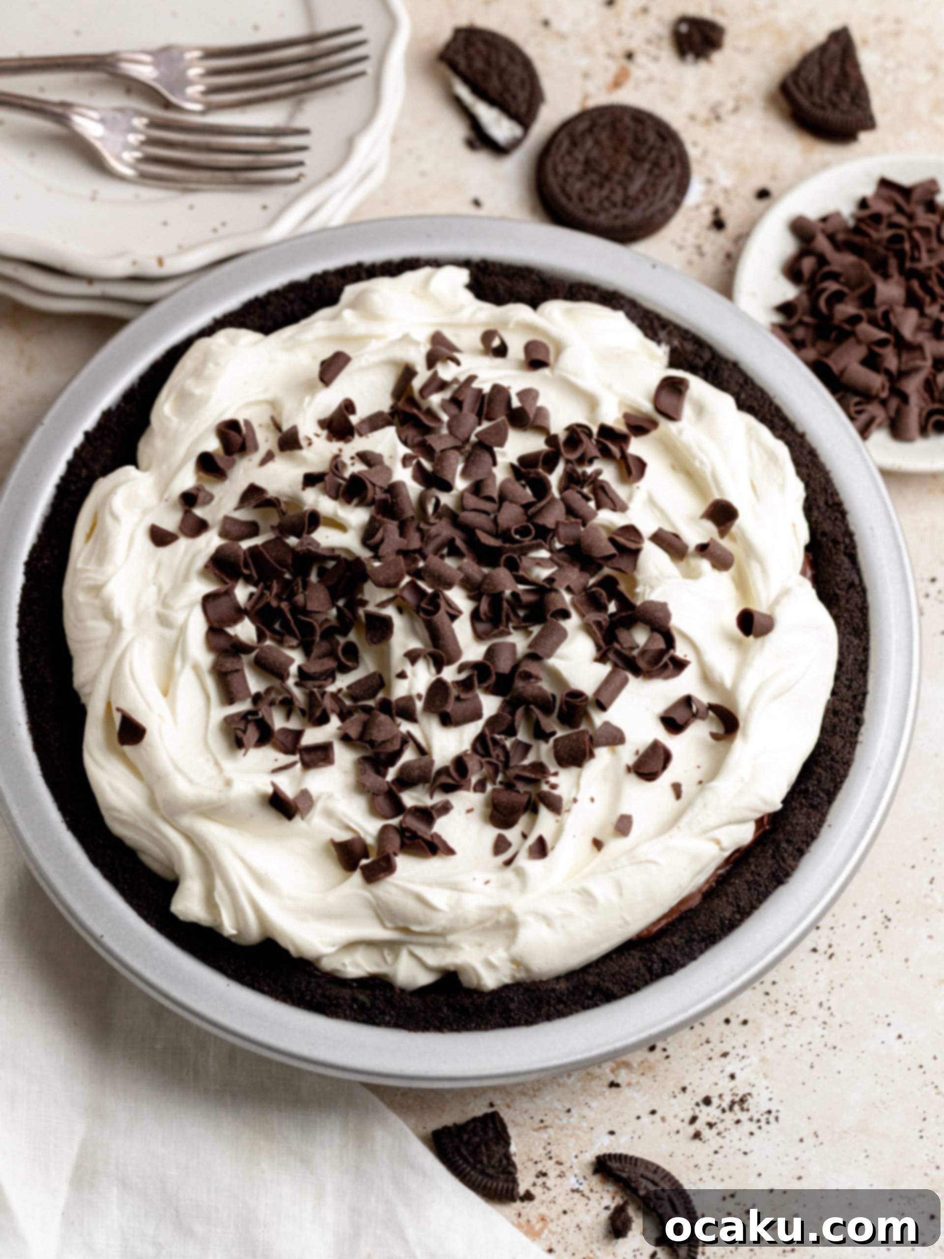 A finished Chocolate Coffee Pie, garnished with shaved chocolate.