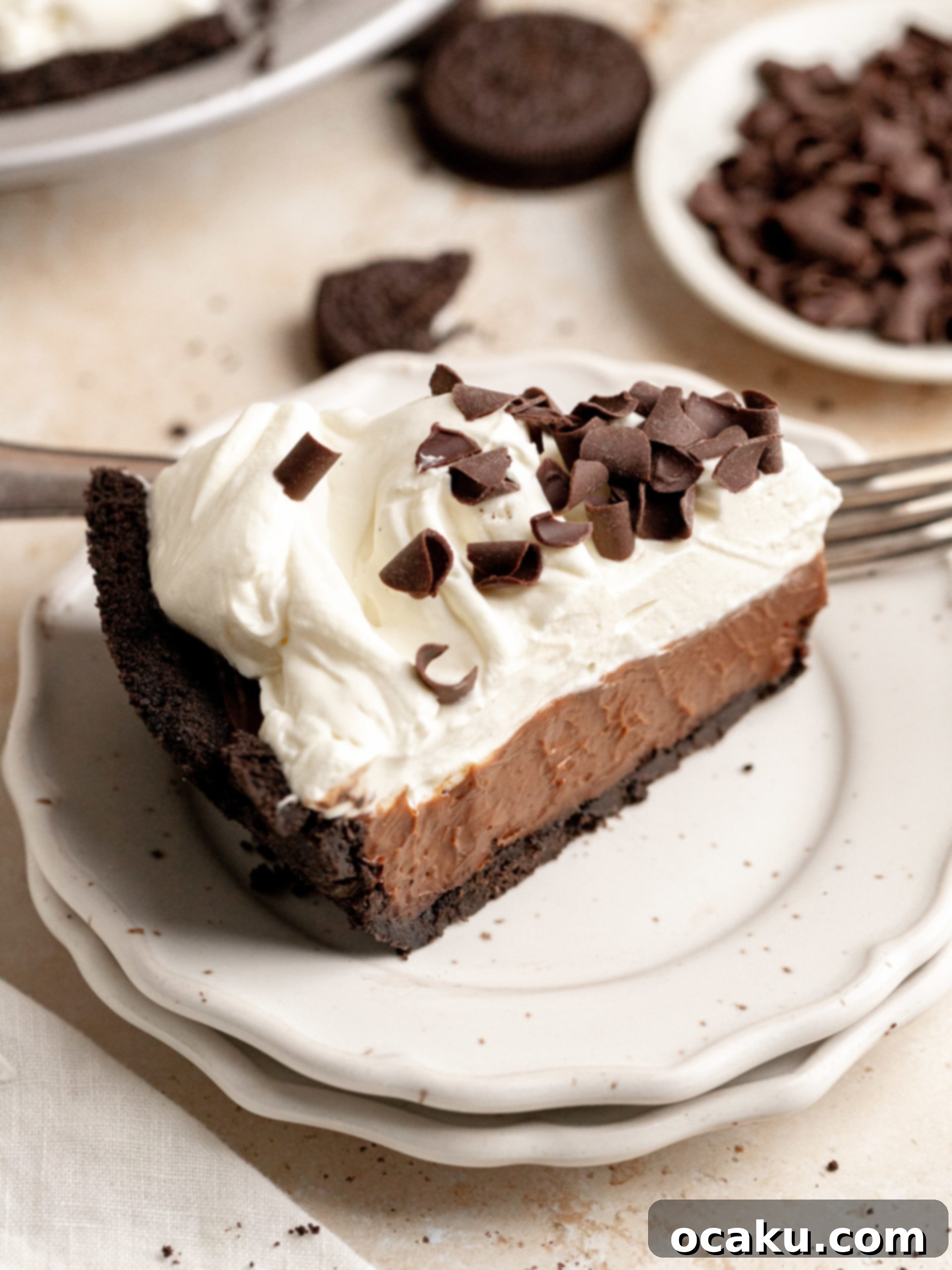 A beautifully sliced Chocolate Coffee Pie ready to serve, showcasing its layers.