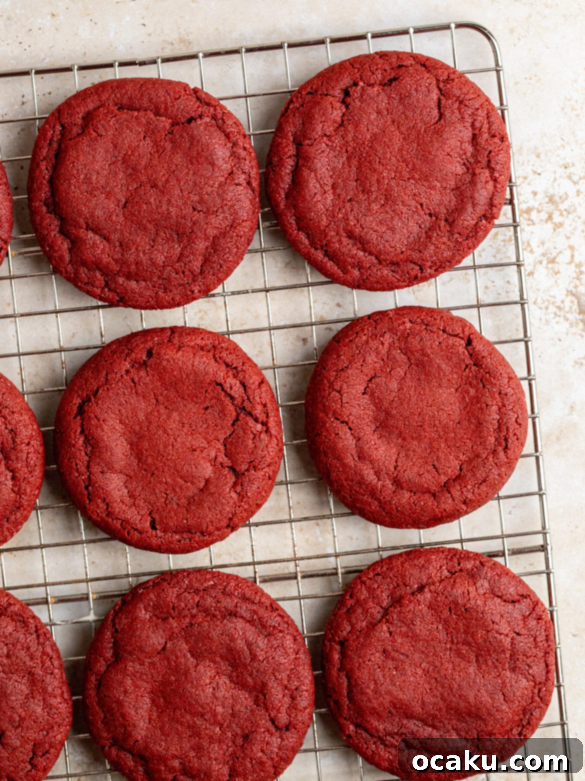 Piping cream cheese frosting onto red velvet cookies