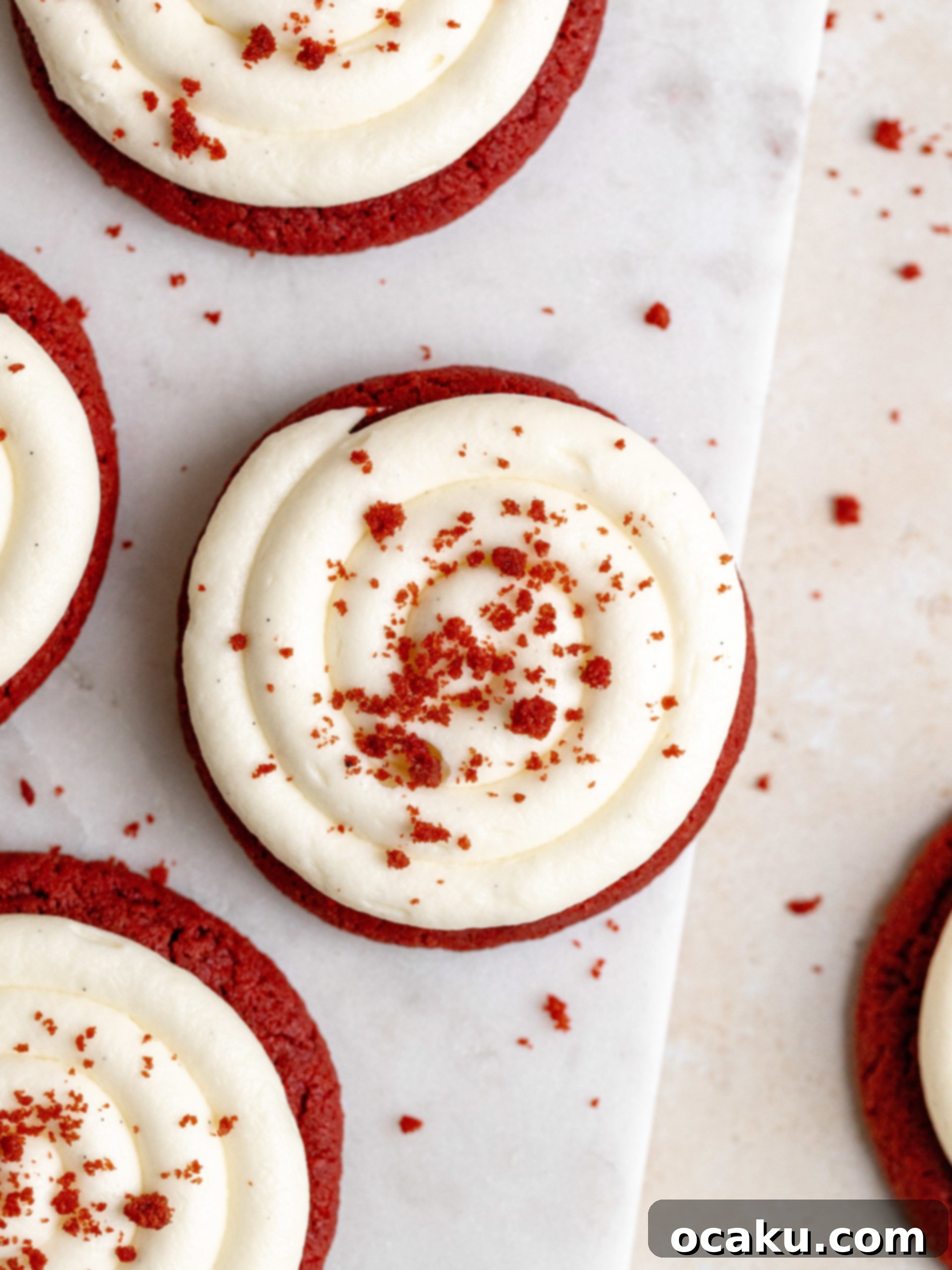 A stack of Red Velvet Cookies with Cream Cheese Frosting