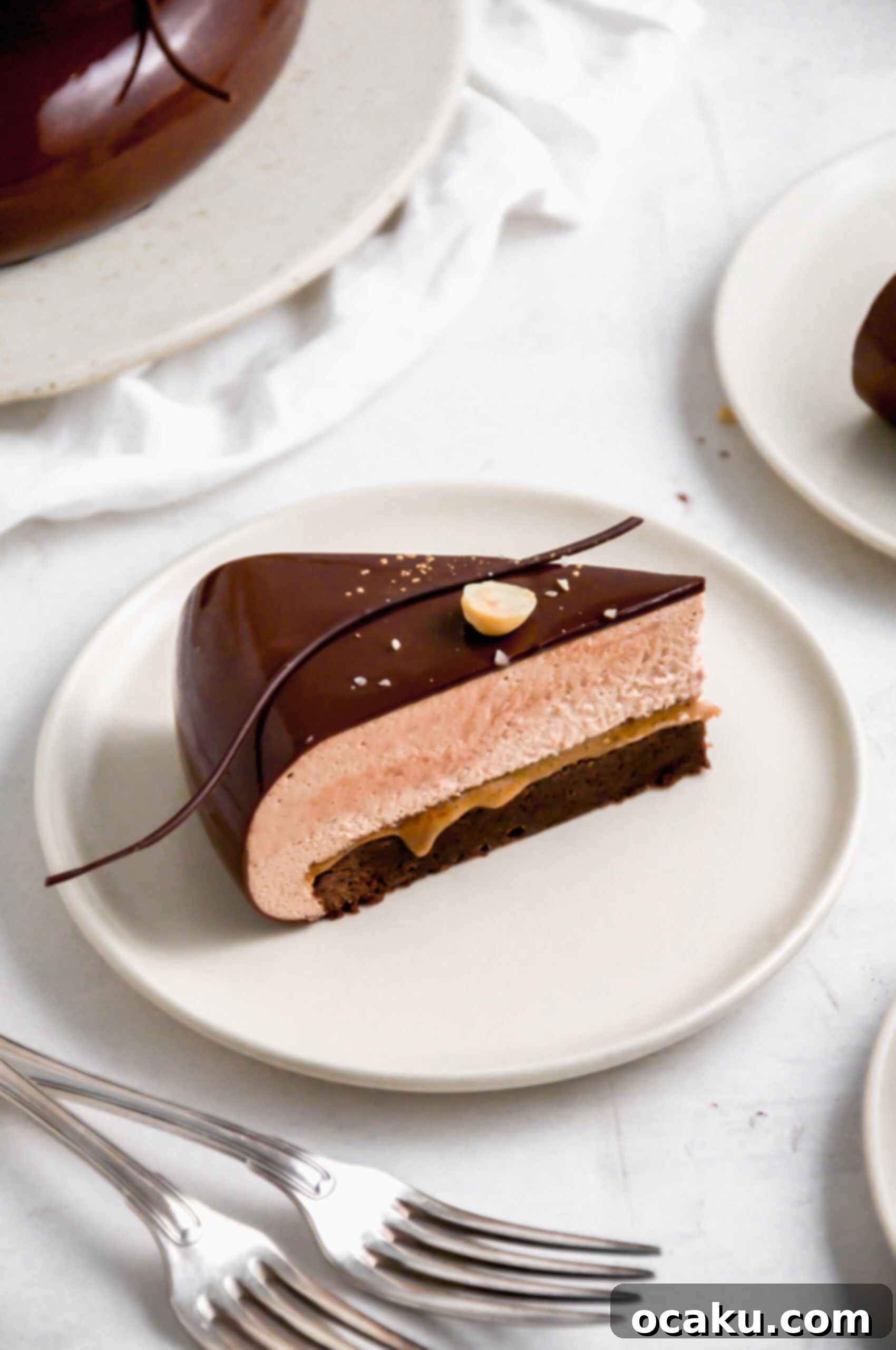 Decadent Nutella Brownie Mousse Cake 5 A close-up shot of the glossy mirror glaze on top of the Nutella mousse cake, showing its reflective quality.
