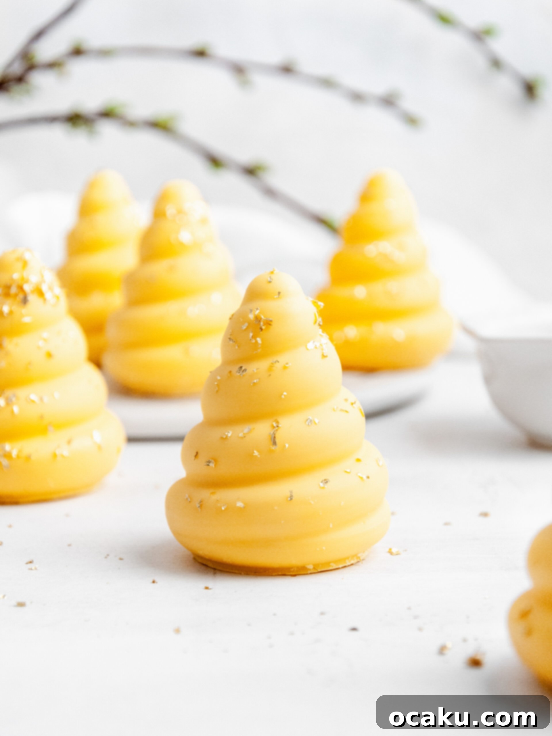 Close-up of three finished lemon cream puffs, two whole and one decorated with gold leaf.