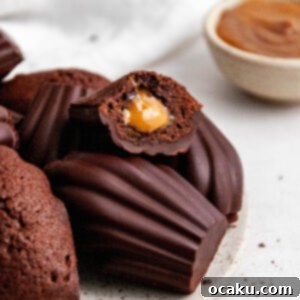 Decadent Chocolate Madeleines with Dulce de Leche 5 A plate of freshly baked Chocolate Madeleines with Dulce de Leche, some with a decorative drizzle.