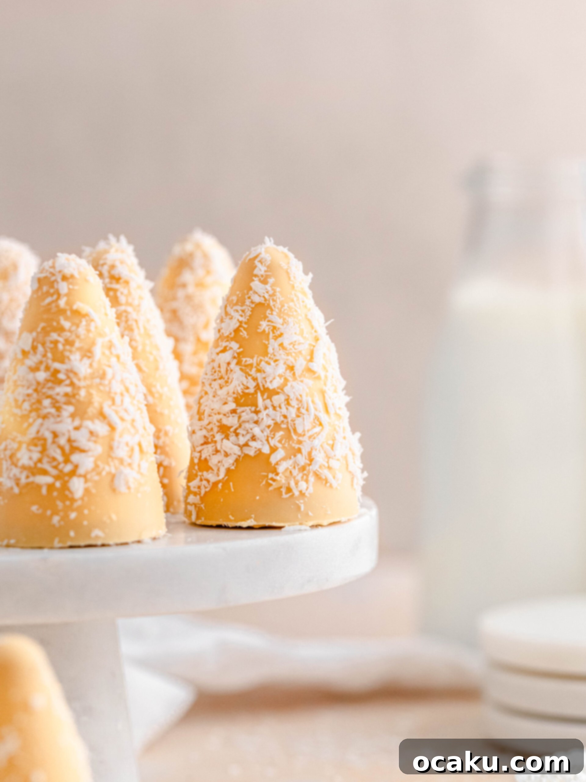 passion fruit and coconut cream puffs on a cake tray, showcasing their vibrant color and elegant design.