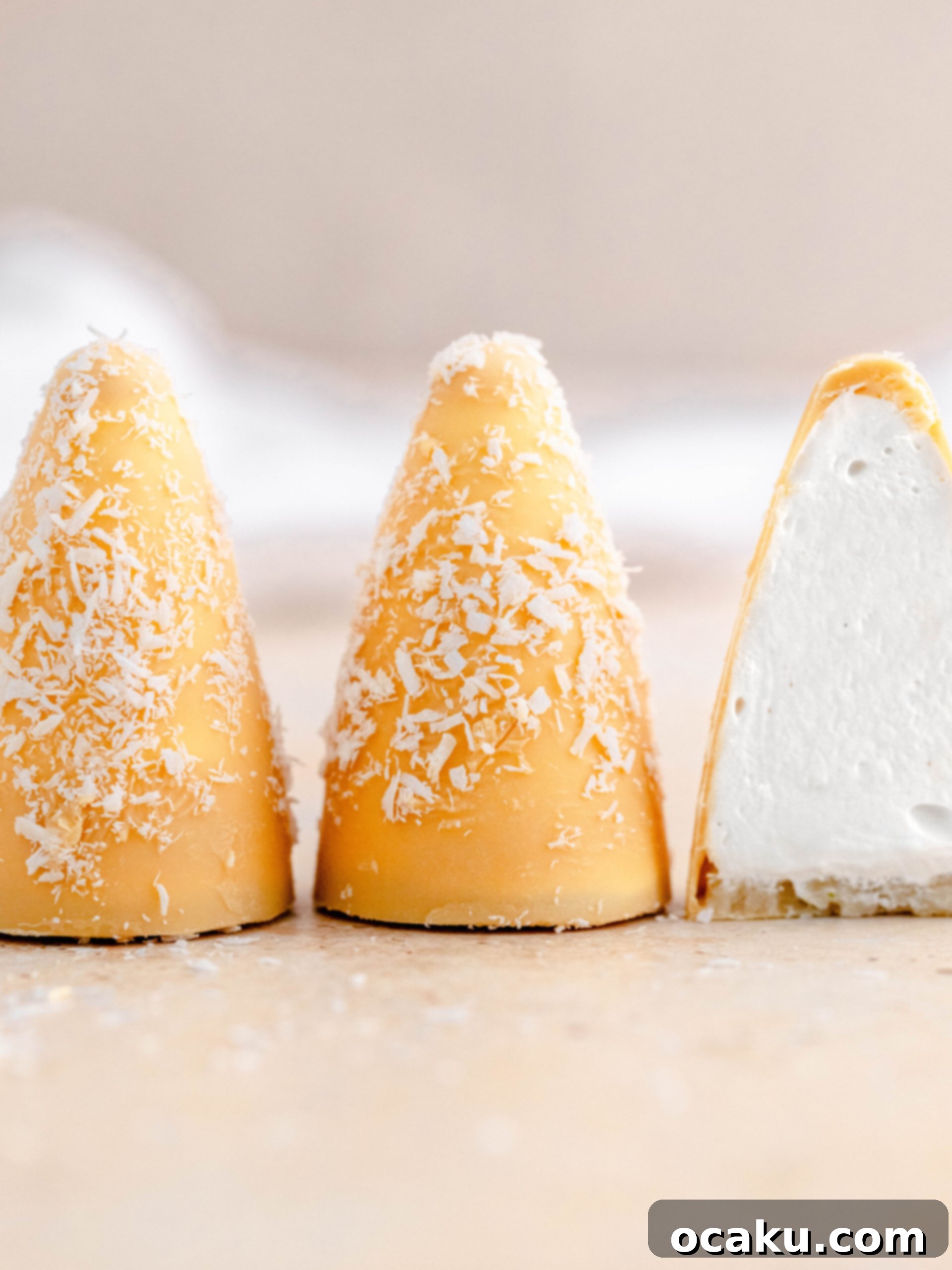 passion fruit and coconut cream puffs cut in half for a close up.