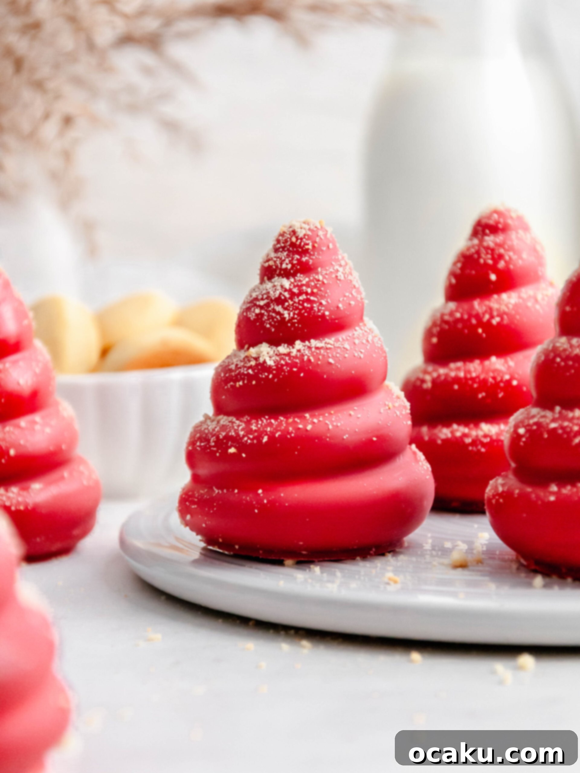 Strawberry Cookie Dream Puffs 2 Irresistible strawberry and cookie cream puffs on an elegant cake stand, showcasing their vibrant pink chocolate shell and perfect round shape.