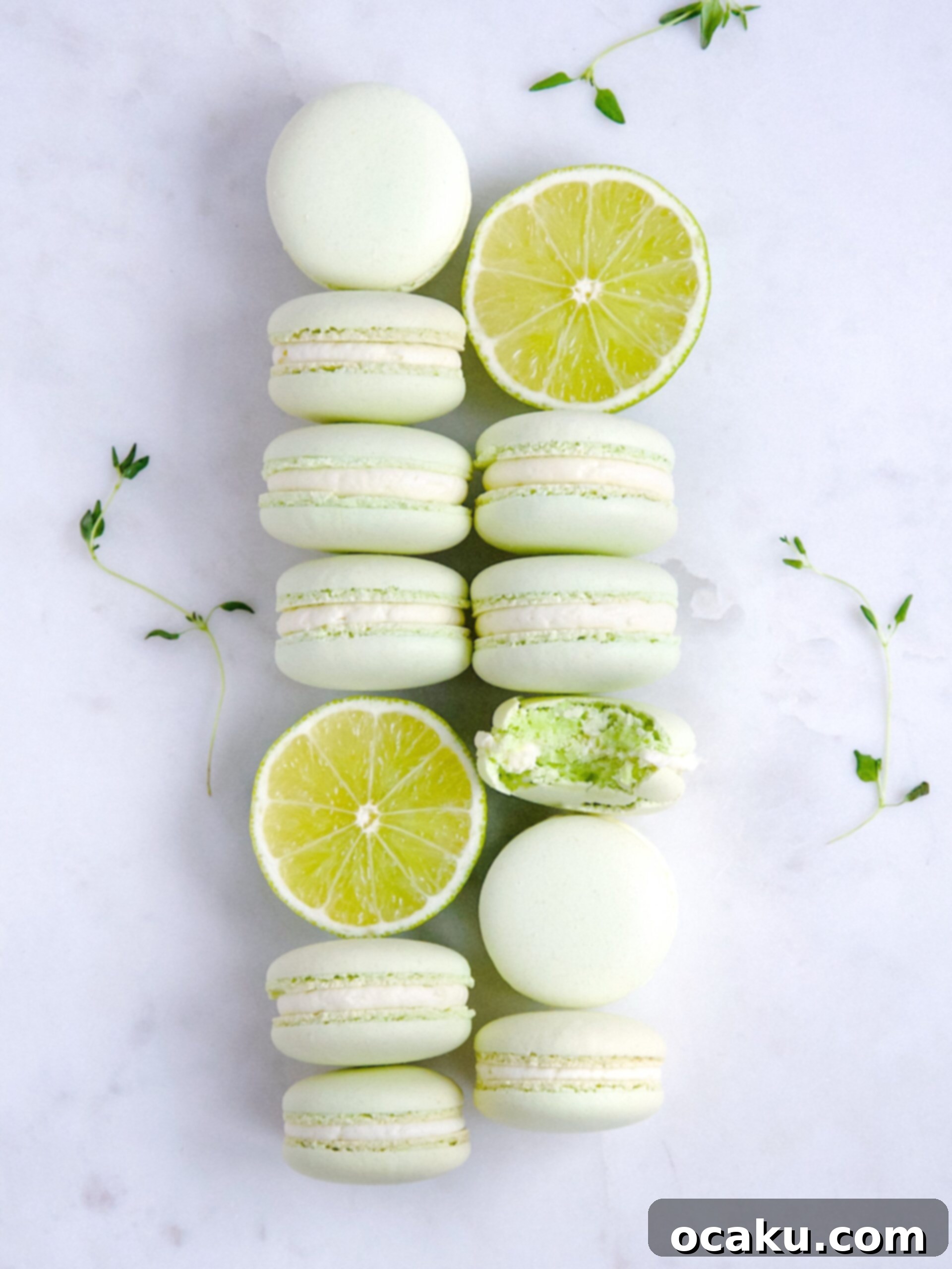 Sunshine Lime Macarons 2 Freshly baked zesty lime macarons, vibrant green, ready for filling.