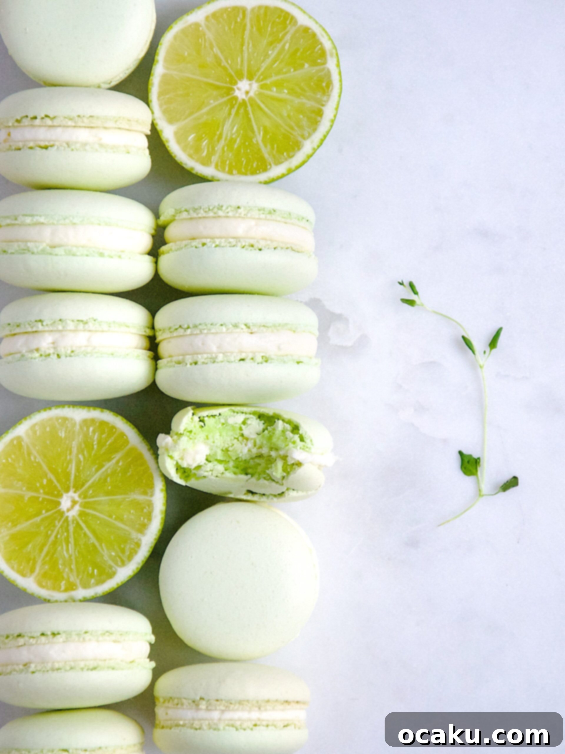 Sunshine Lime Macarons 4 Assembled zesty lime macarons with green filling, ready to be enjoyed.