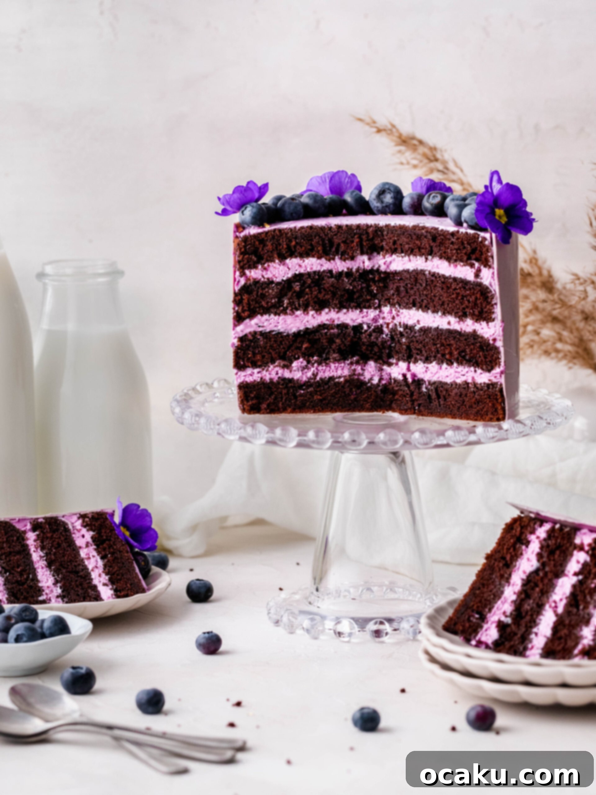 Decadent Chocolate Cake with Blueberry Cream Cheese Swirl 2 Blueberry Cream Cheese Chocolate Cake on a cake stand, showcasing its beautiful layers and vibrant purple frosting.