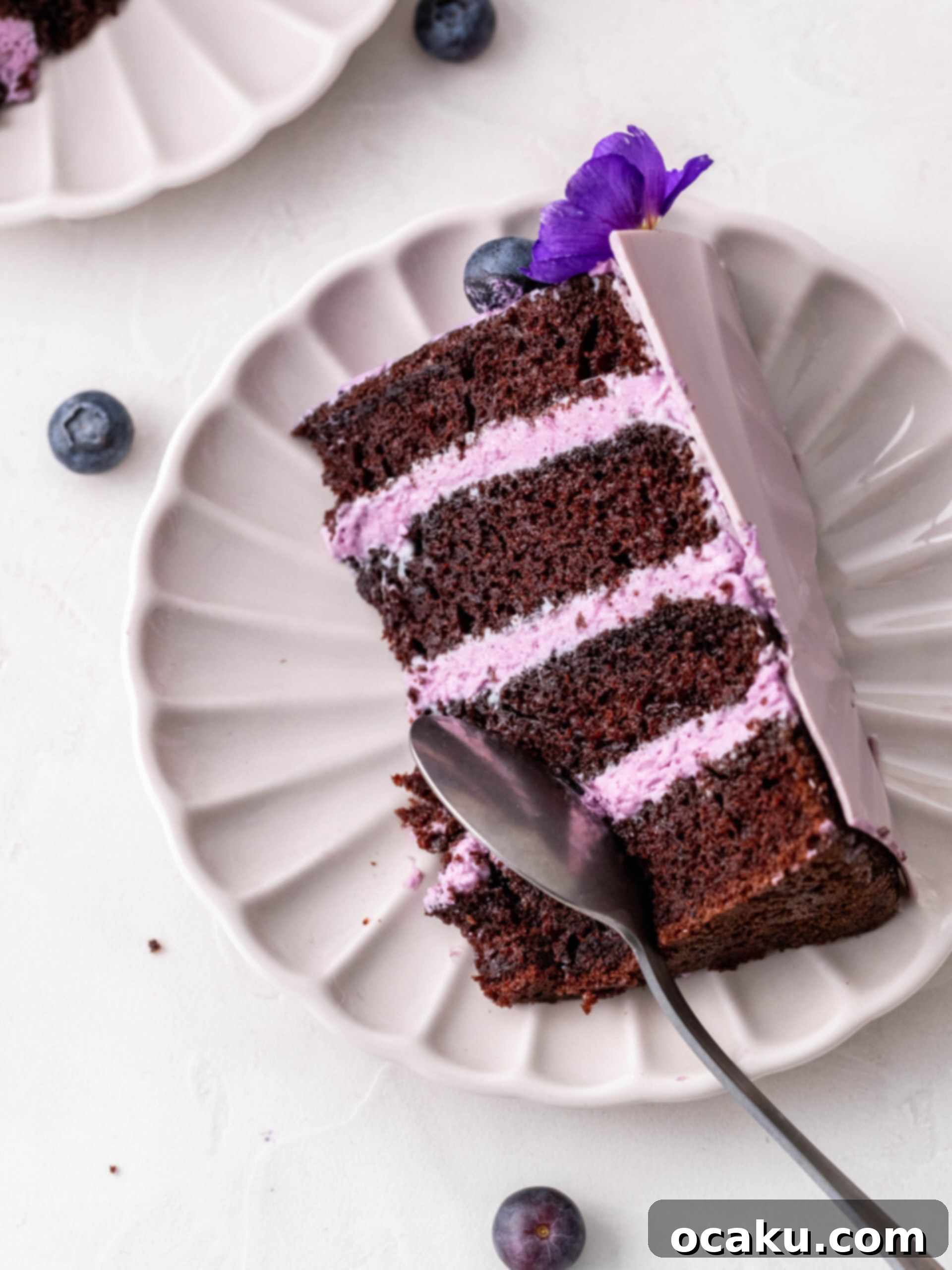 Decadent Chocolate Cake with Blueberry Cream Cheese Swirl 4 A beautifully presented slice of Blueberry Cream Cheese Chocolate Cake on a white plate, garnished with fresh blueberries, ready to be enjoyed.