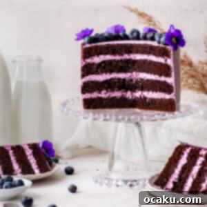 Decadent Chocolate Cake with Blueberry Cream Cheese Swirl 5 Blueberry Cream Cheese Chocolate Cake with purple frosting and dark chocolate layers