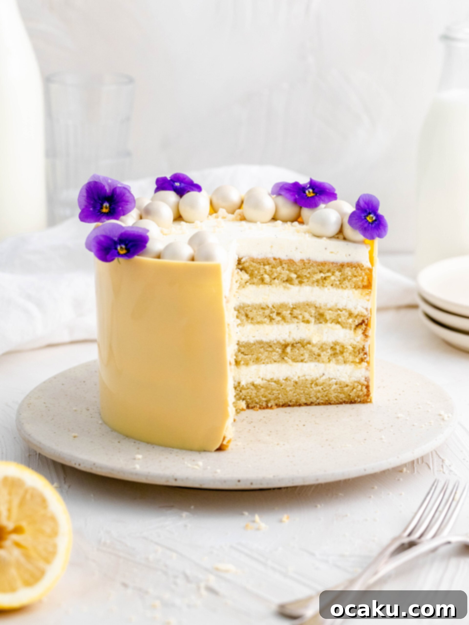 A stunning lemon and mascarpone cake, elegantly presented on a cake stand, ready to be enjoyed.