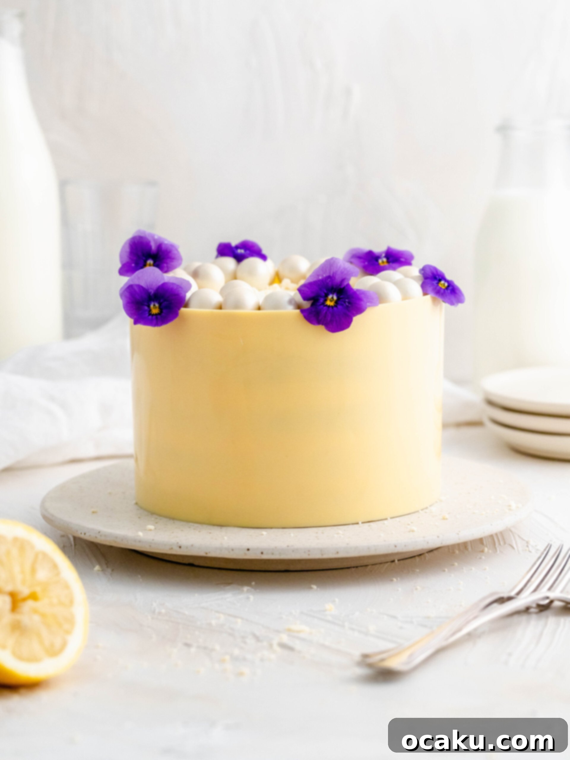 A beautifully decorated lemon and mascarpone cake resting on a cake stand, showcasing its inviting layers.