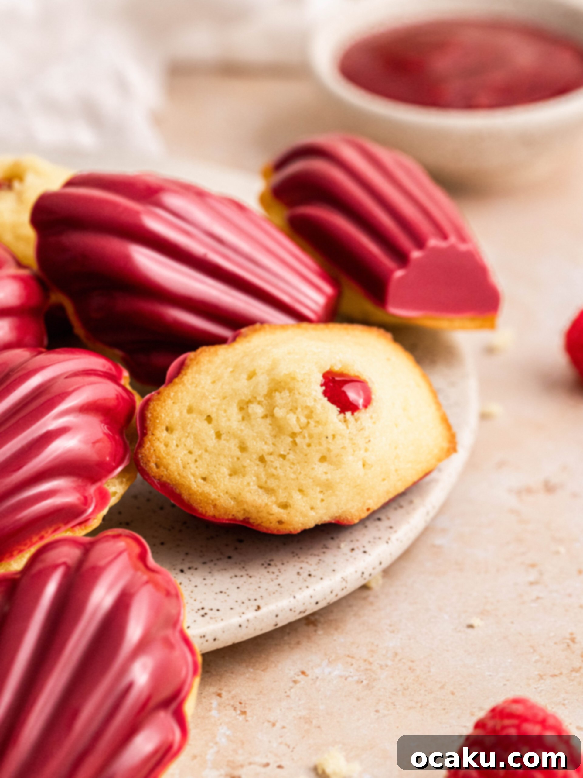 Sweet & Tangy Raspberry Madeleines 2 Raspberry madeleines on a plate.