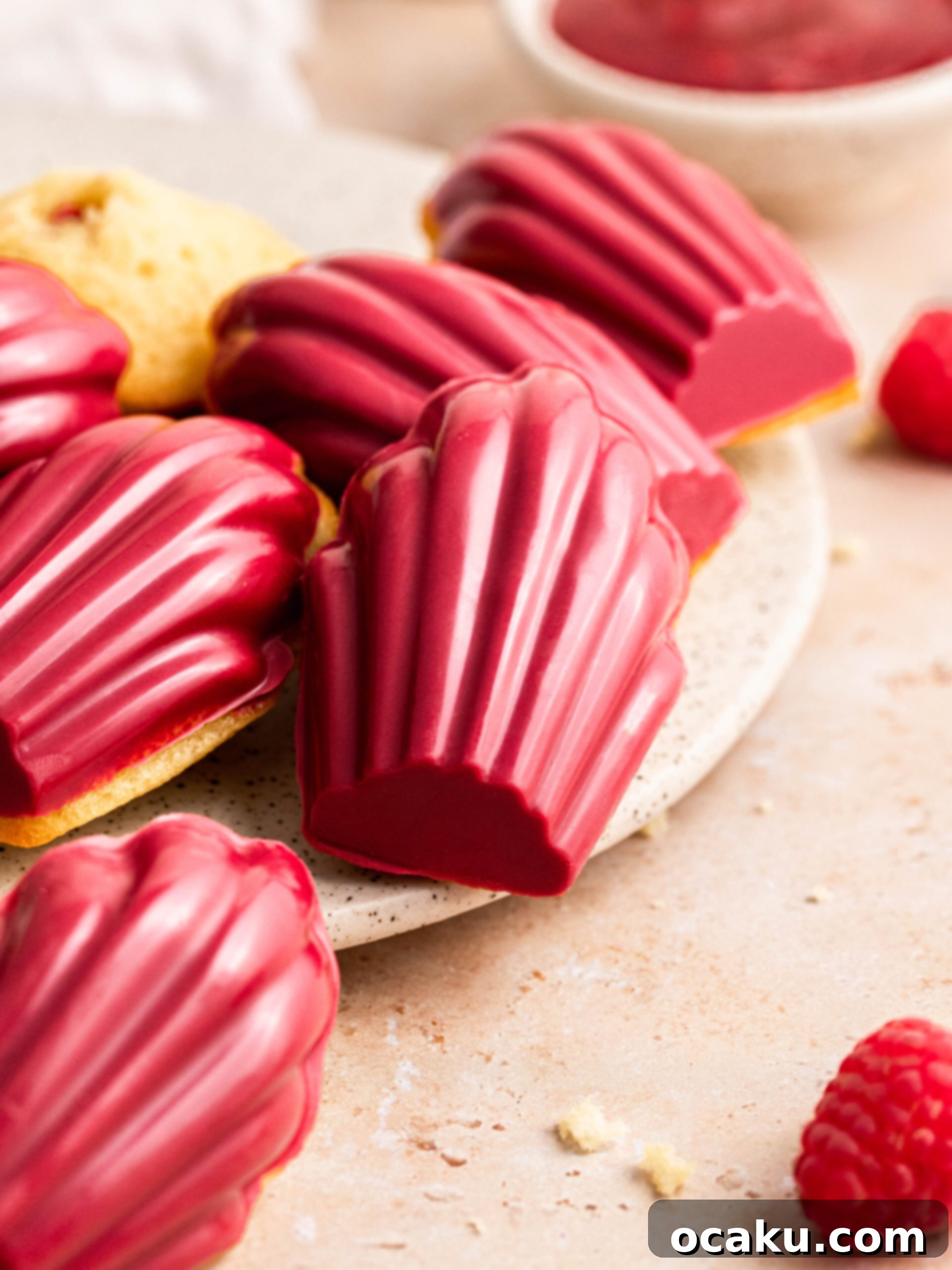 Sweet & Tangy Raspberry Madeleines 3 raspberry madeleines dipped in raspberry chocolate.