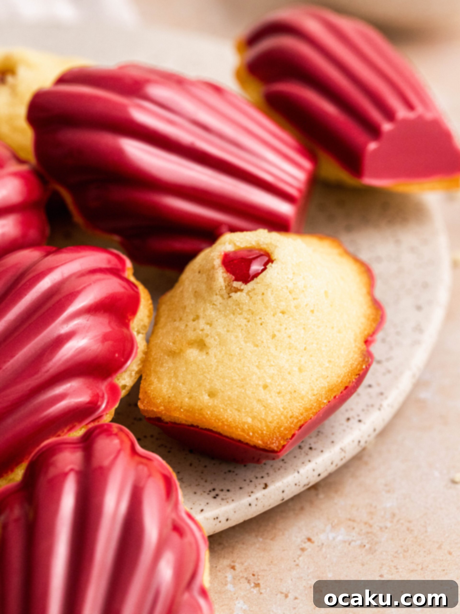 Sweet & Tangy Raspberry Madeleines 4 raspberry madeleines on a plate.