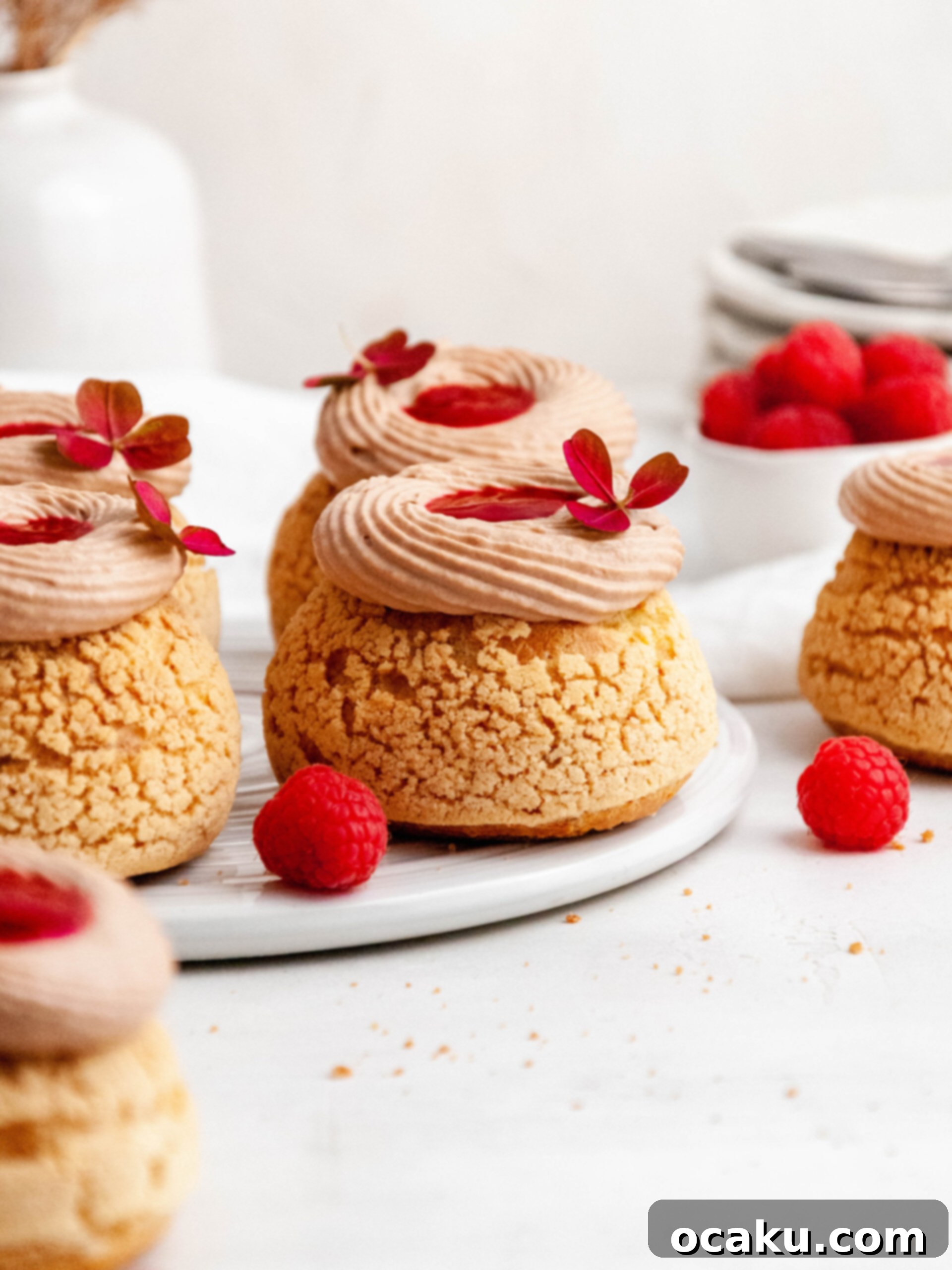 Delicate Choux au Craquelin buns with a crispy craquelin topping, dusted with powdered sugar, and a vibrant raspberry peeking from the side.