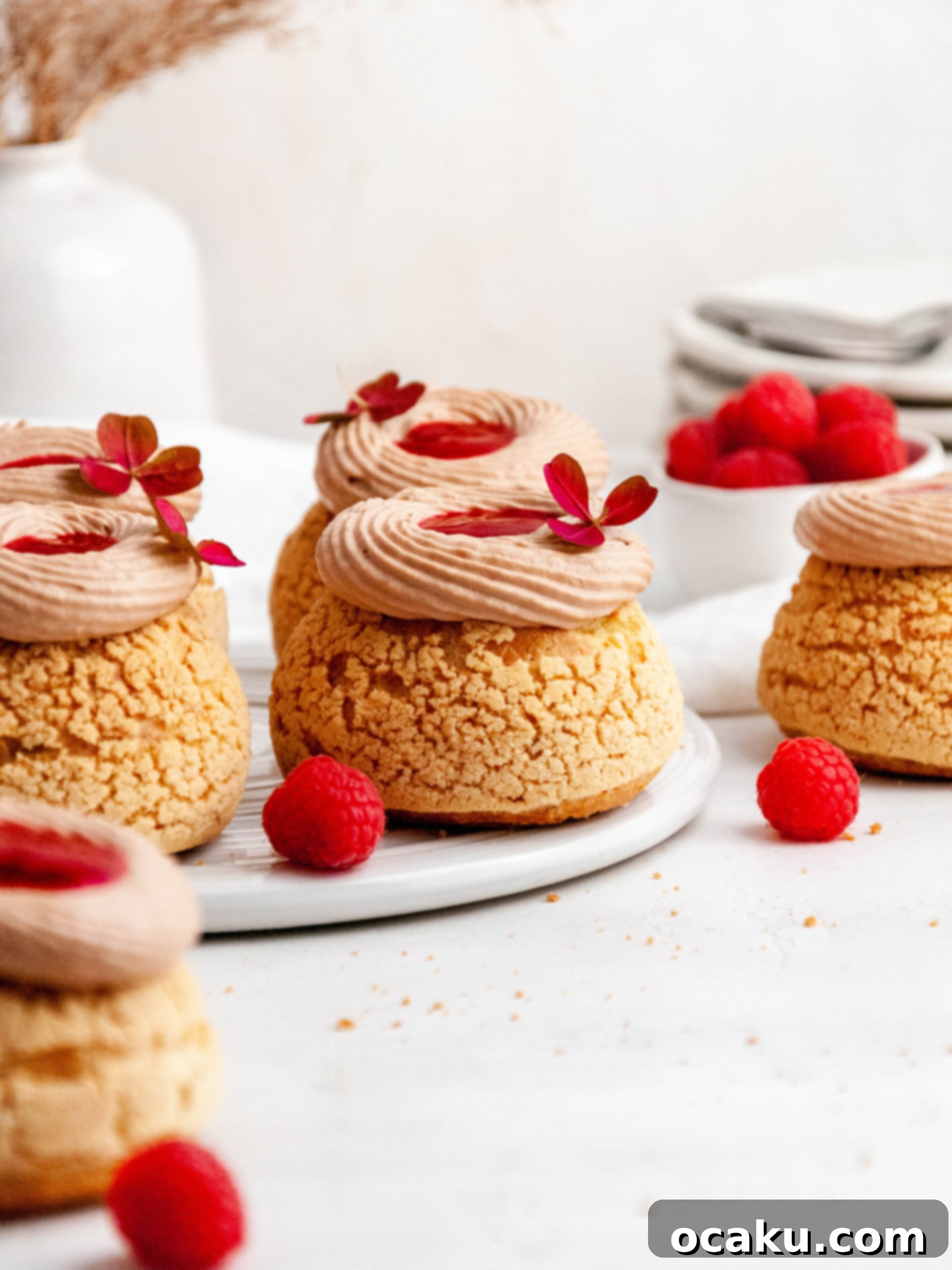 A trio of Choux au Craquelin, beautifully filled with Nutella cream and raspberry coulis, garnished with delicate edible flowers.