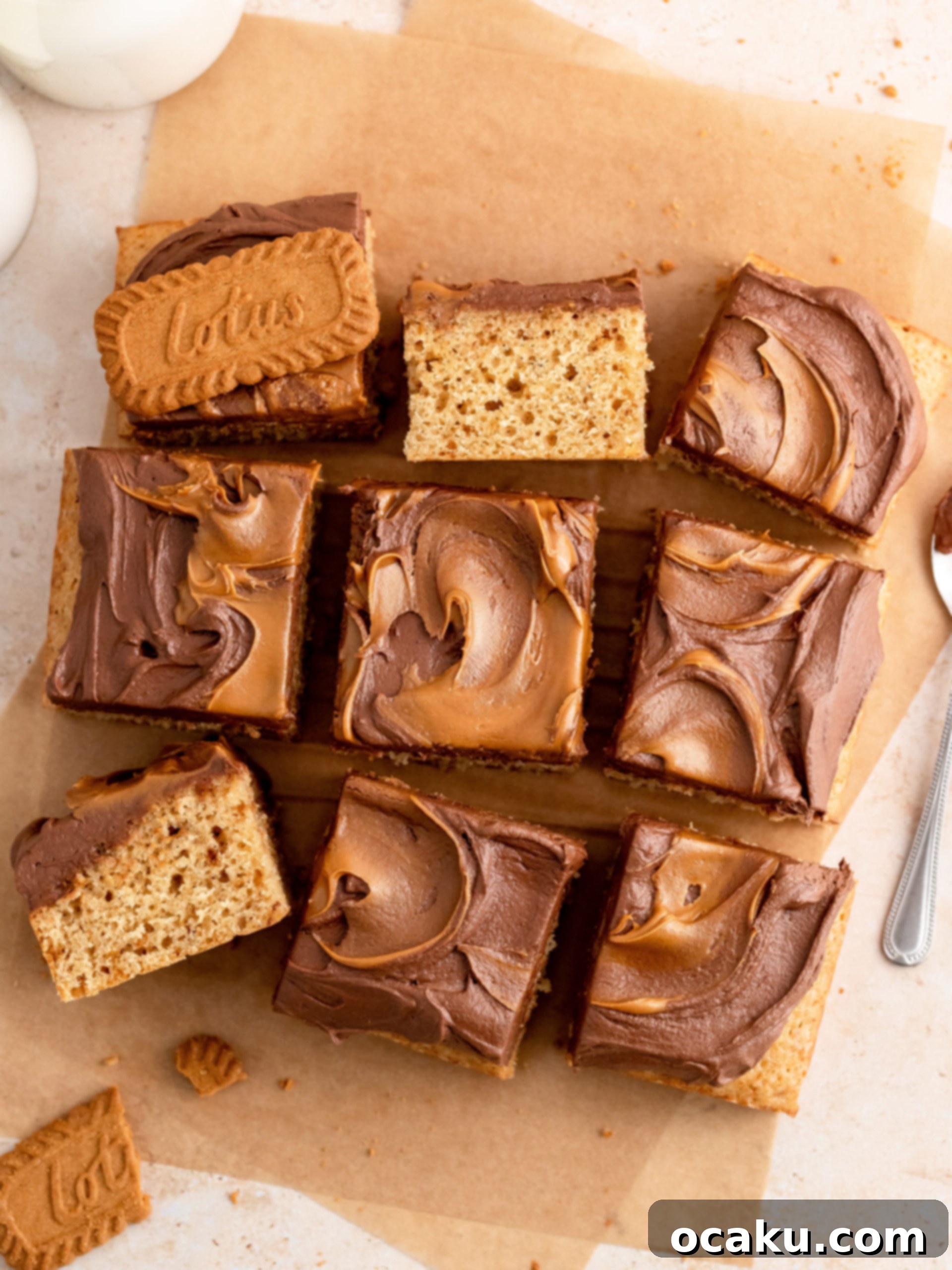 Biscoff Dream Cake 2 Close-up of a beautifully frosted Biscoff cake with chocolate buttercream and Biscoff swirls, ready to be served.