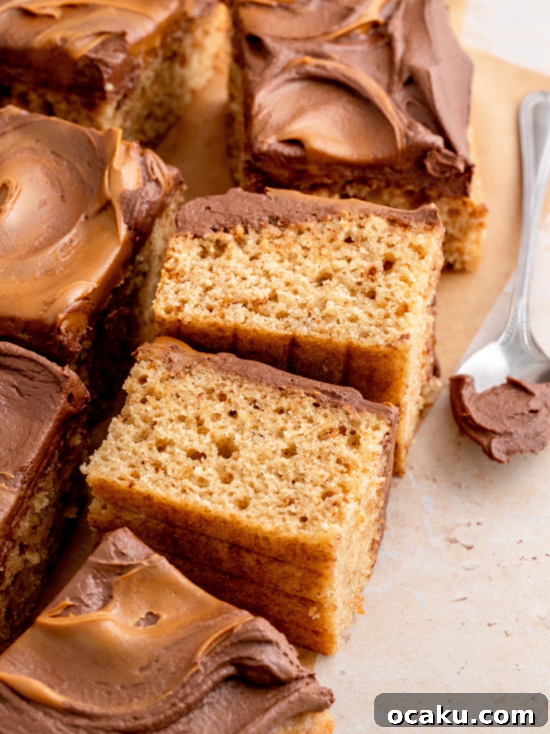Biscoff Dream Cake 3 A close-up of a slice of Biscoff cake, showcasing the soft, moist crumb layered with chocolate buttercream and Biscoff spread.