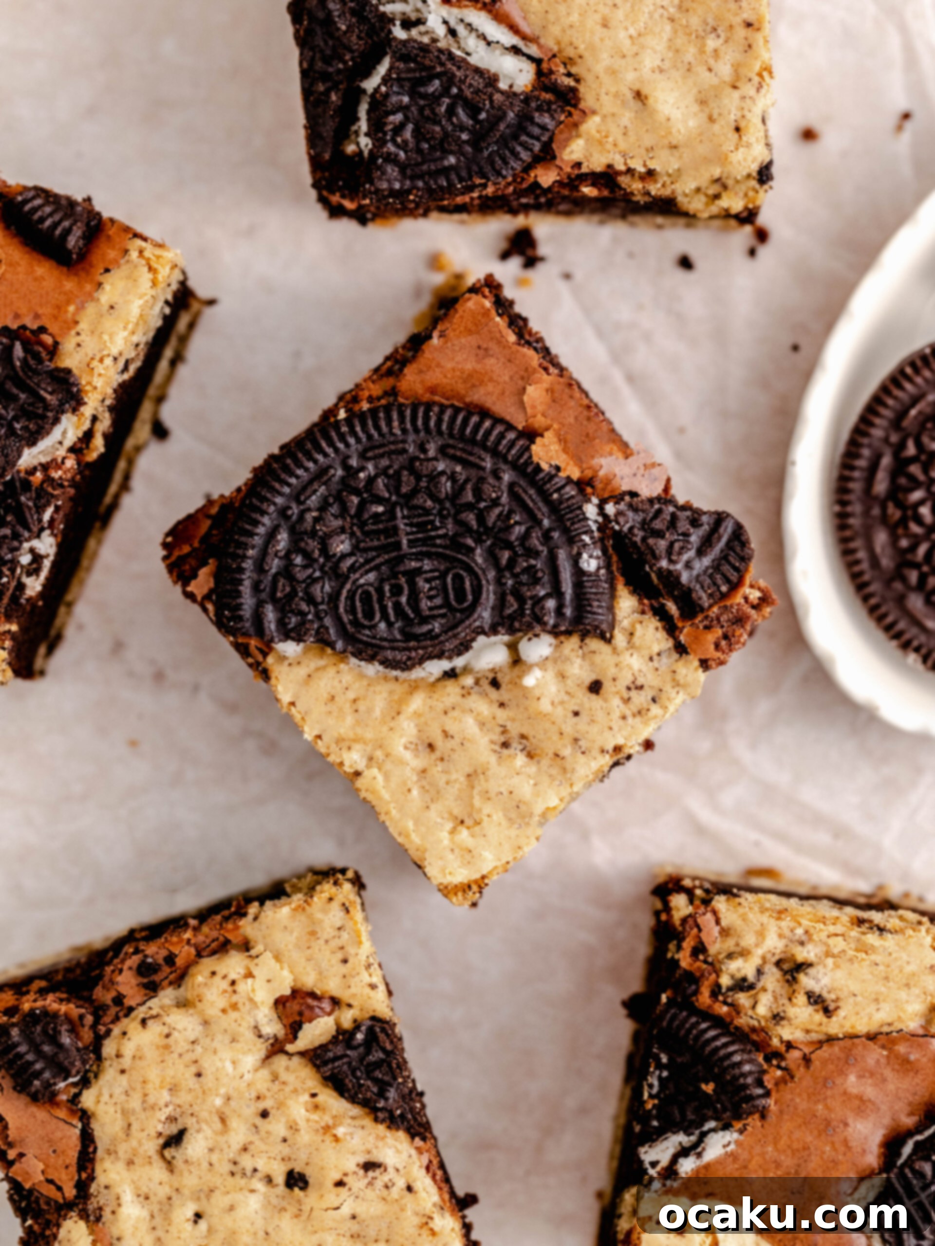 Perfectly cut Oreo brookies showcasing layers of cookie and brownie.