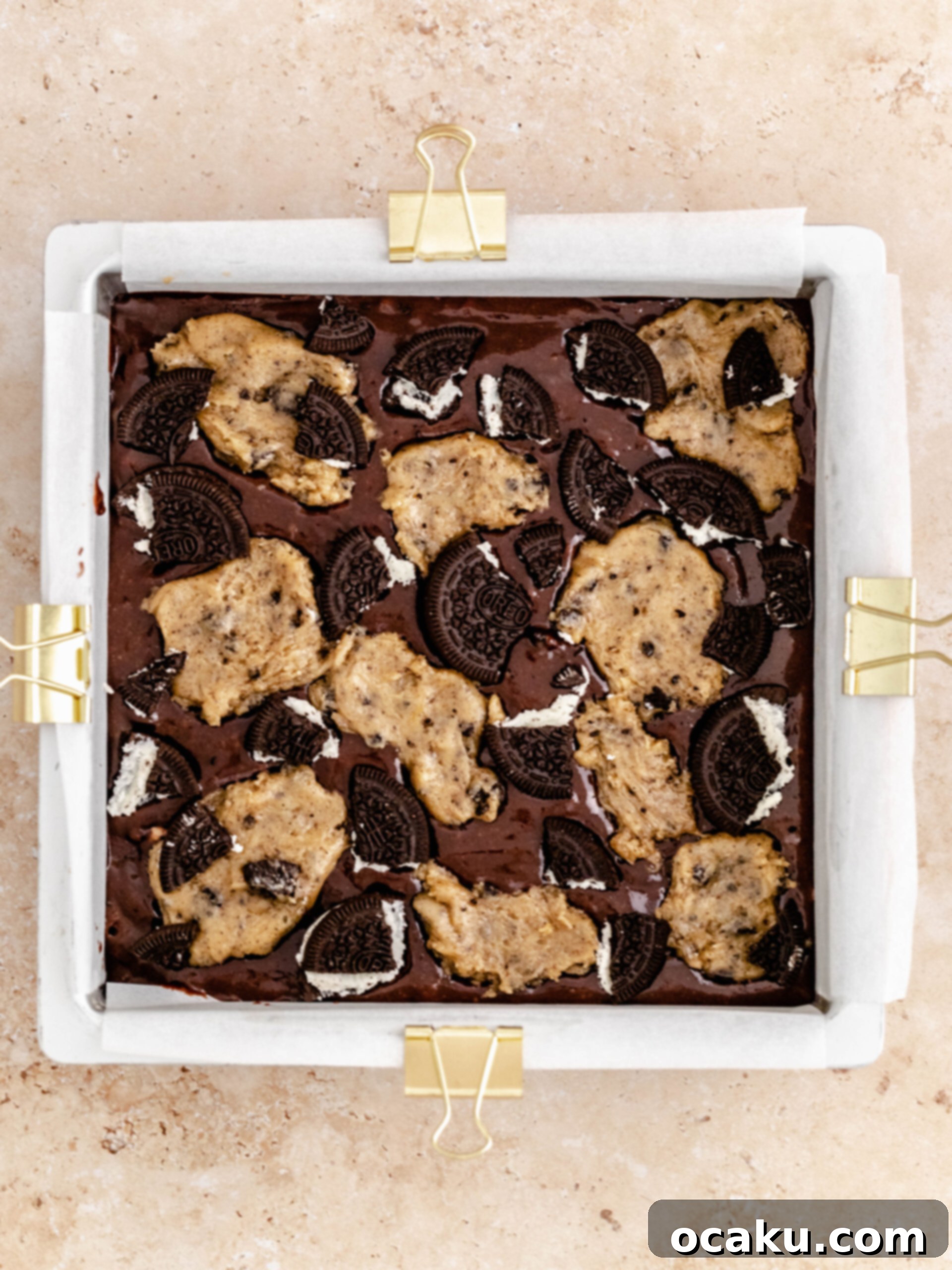 The assembled Oreo brookie layers, ready for baking.