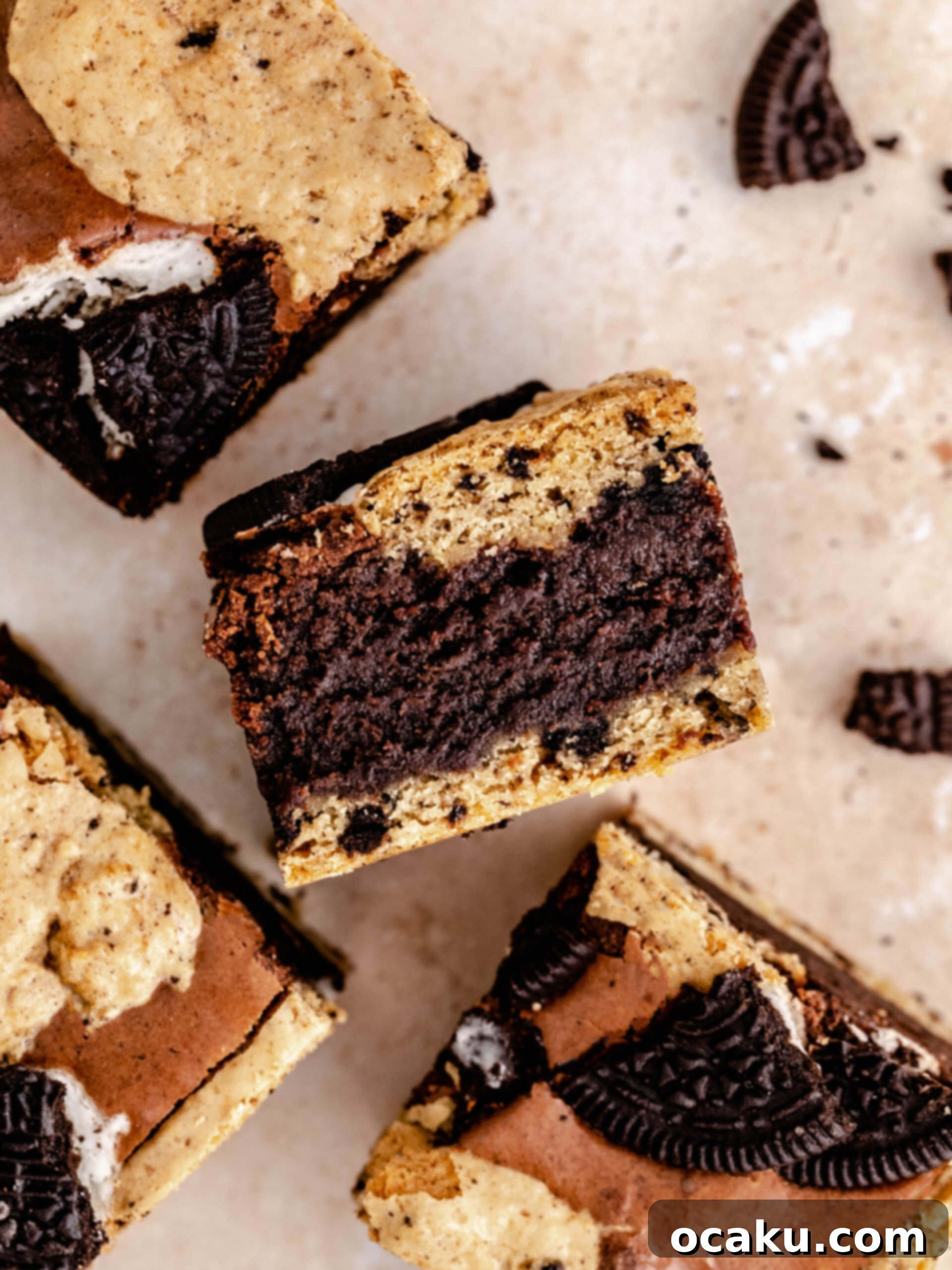 Beautifully arranged slices of Oreo brookies.