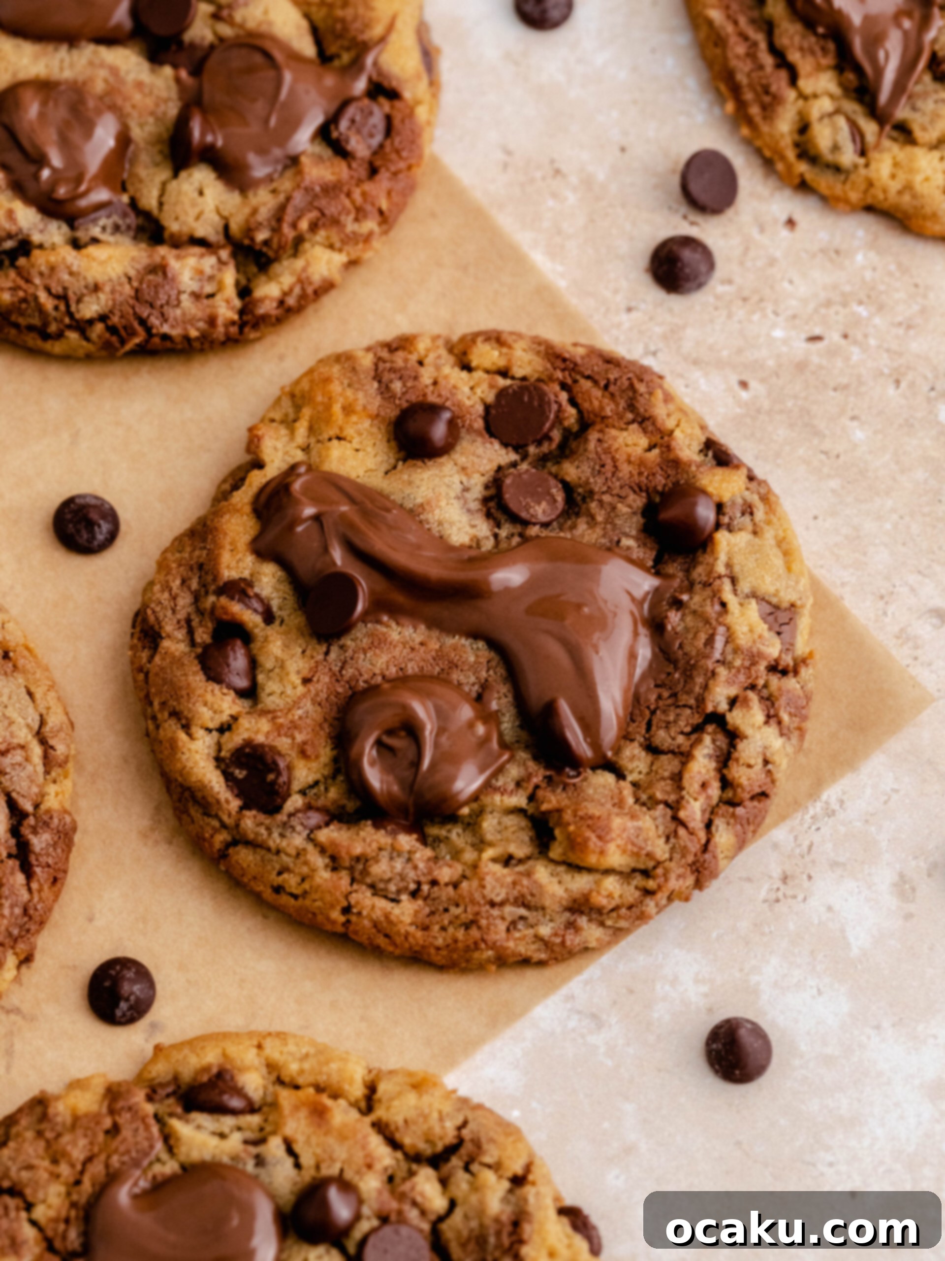 Nutella Peanut Butter Swirl Cookies 11 Freshly baked Nutella peanut butter cookies, still warm on the baking tray, topped with extra Nutella dollops and chocolate chips.