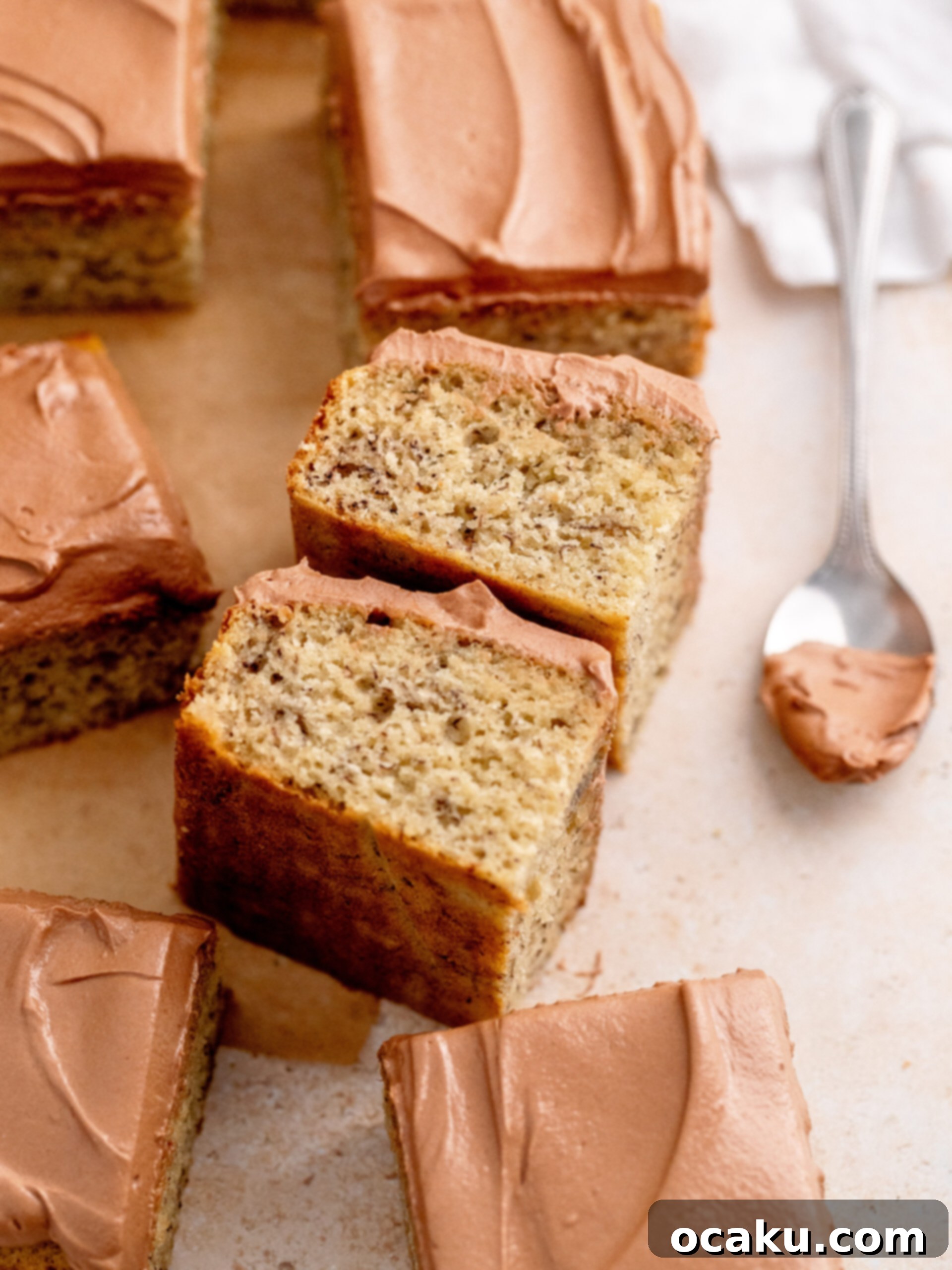 Close up of chocolate buttercream on banana cake