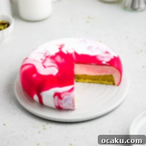 A stunning multi-layered strawberry and pistachio mousse cake, adorned with a glossy mirror glaze and fresh toppings.