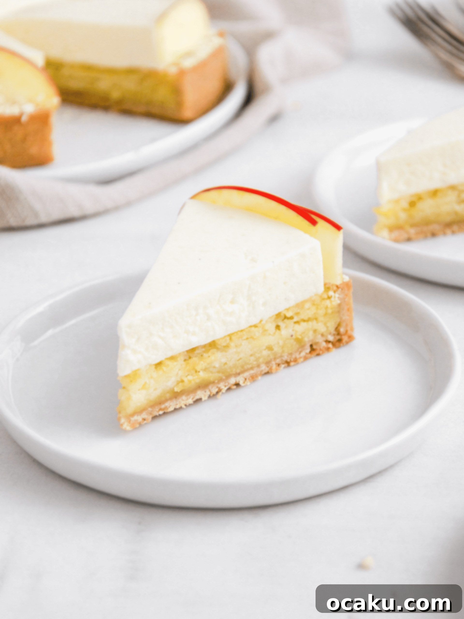A single slice of apple mousse tart on a plate, highlighting the delicious layers.