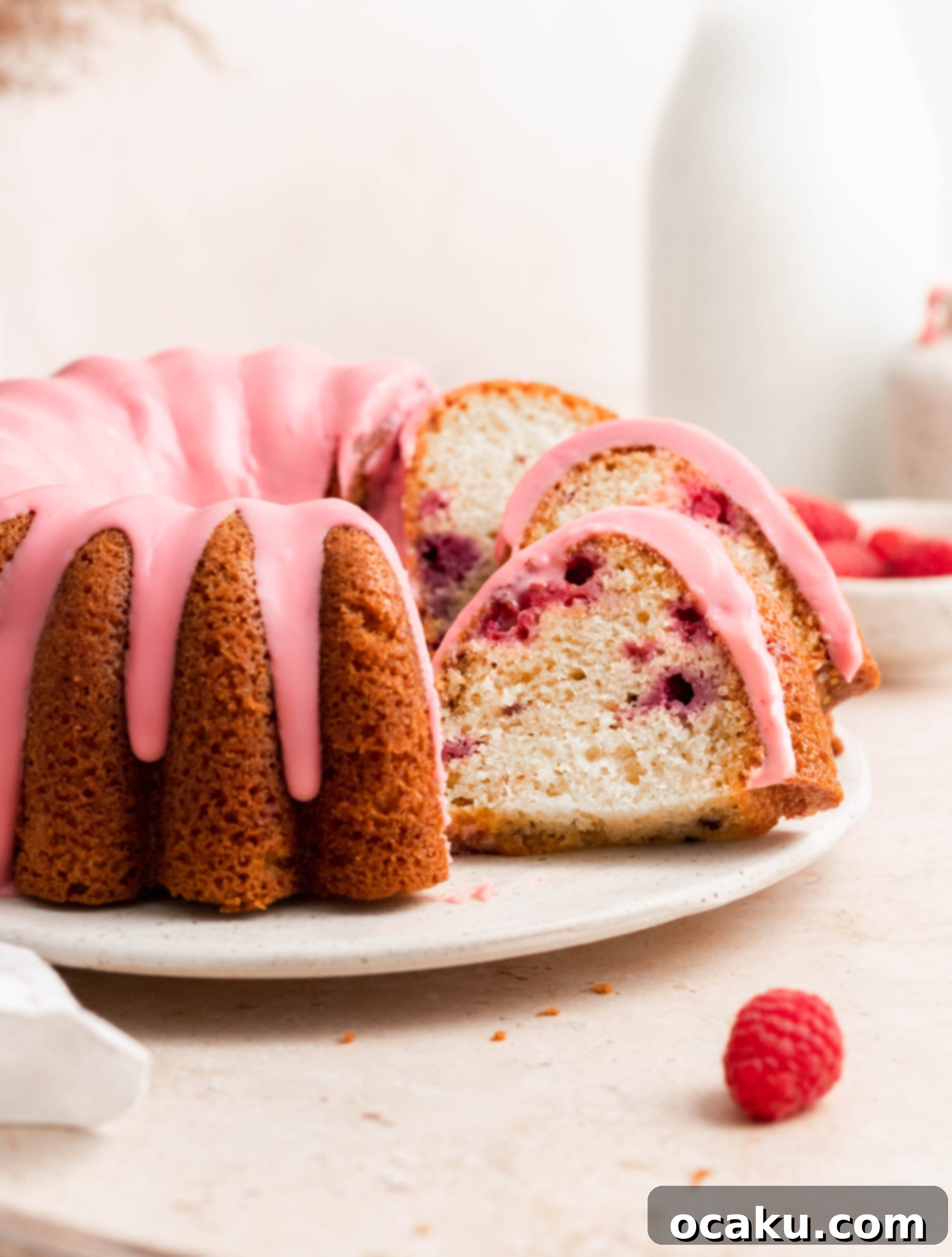 Luscious Raspberry Bundt 3 Close-up of Raspberry Bundt Cake with Glaze