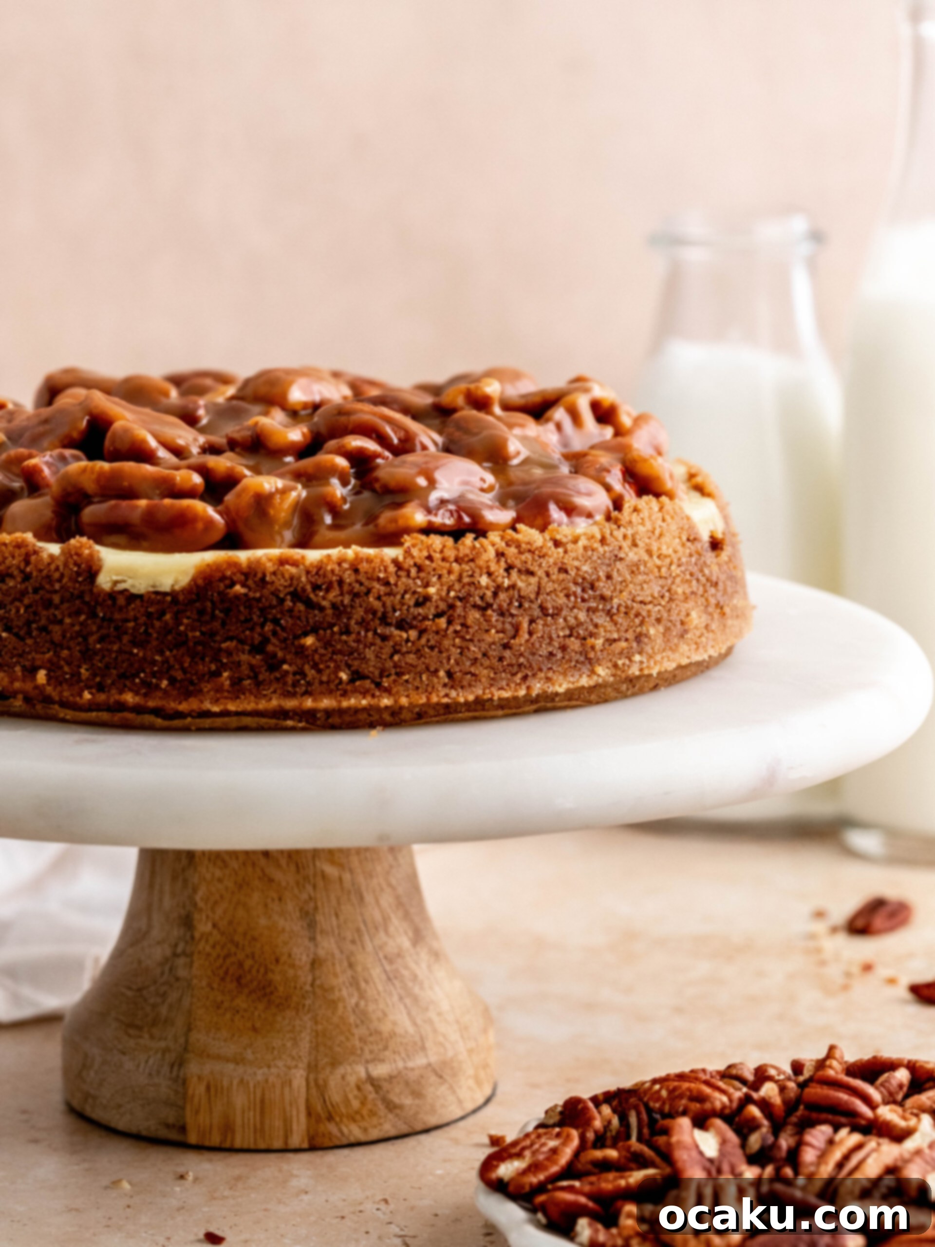 A stunning Caramel Pecan Cheesecake displayed on a rustic cake stand, garnished with whole pecans and drizzled caramel, perfect for fall celebrations.