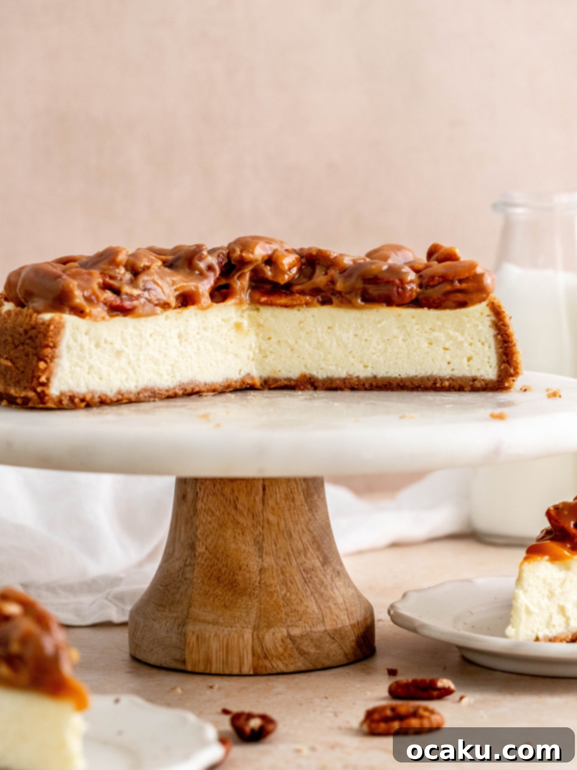 A beautifully decorated Caramel Pecan Cheesecake ready for serving, highlighting its golden caramel and pecan topping.