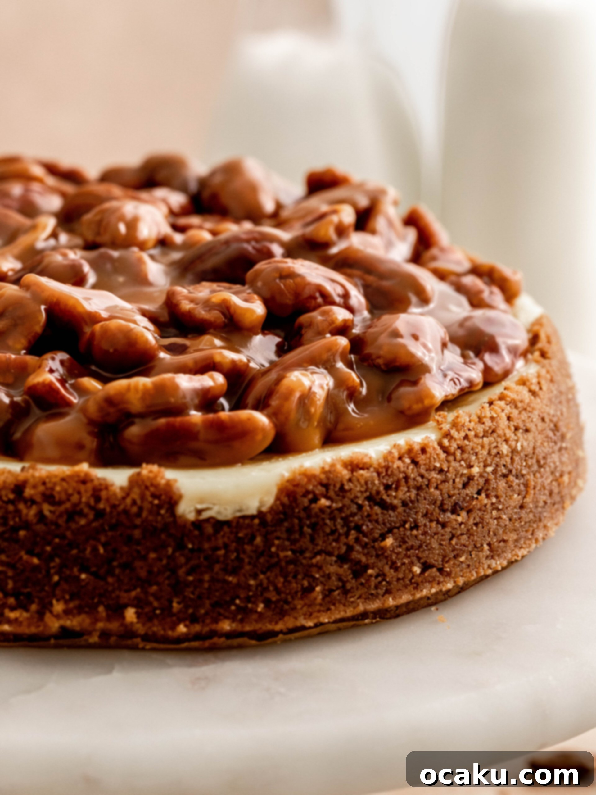 Close-up of a slice of Caramel Pecan Cheesecake, showcasing its creamy layers and rich topping.