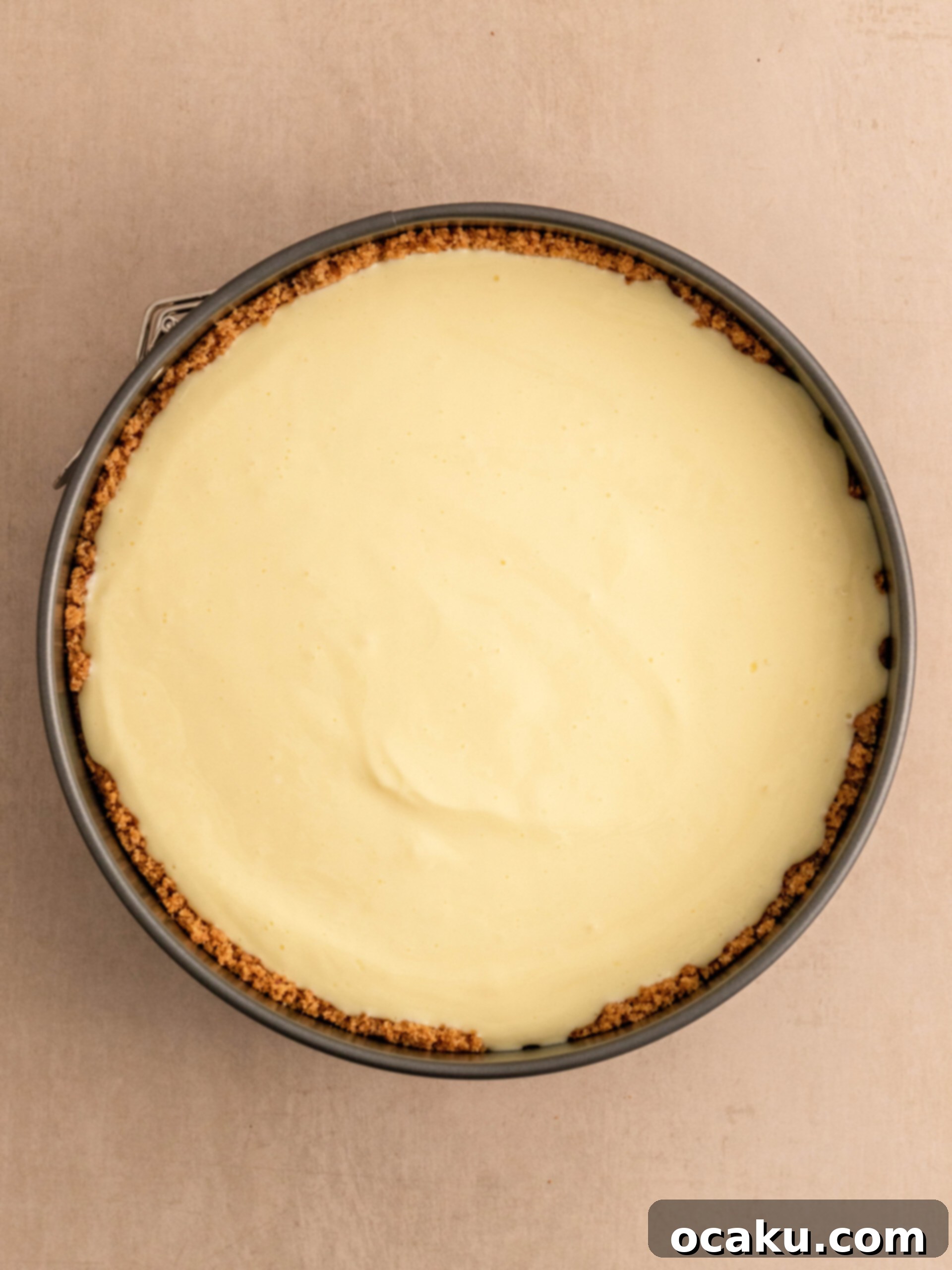 Step-by-step image showing cheesecake batter poured into a springform pan, ready for baking.