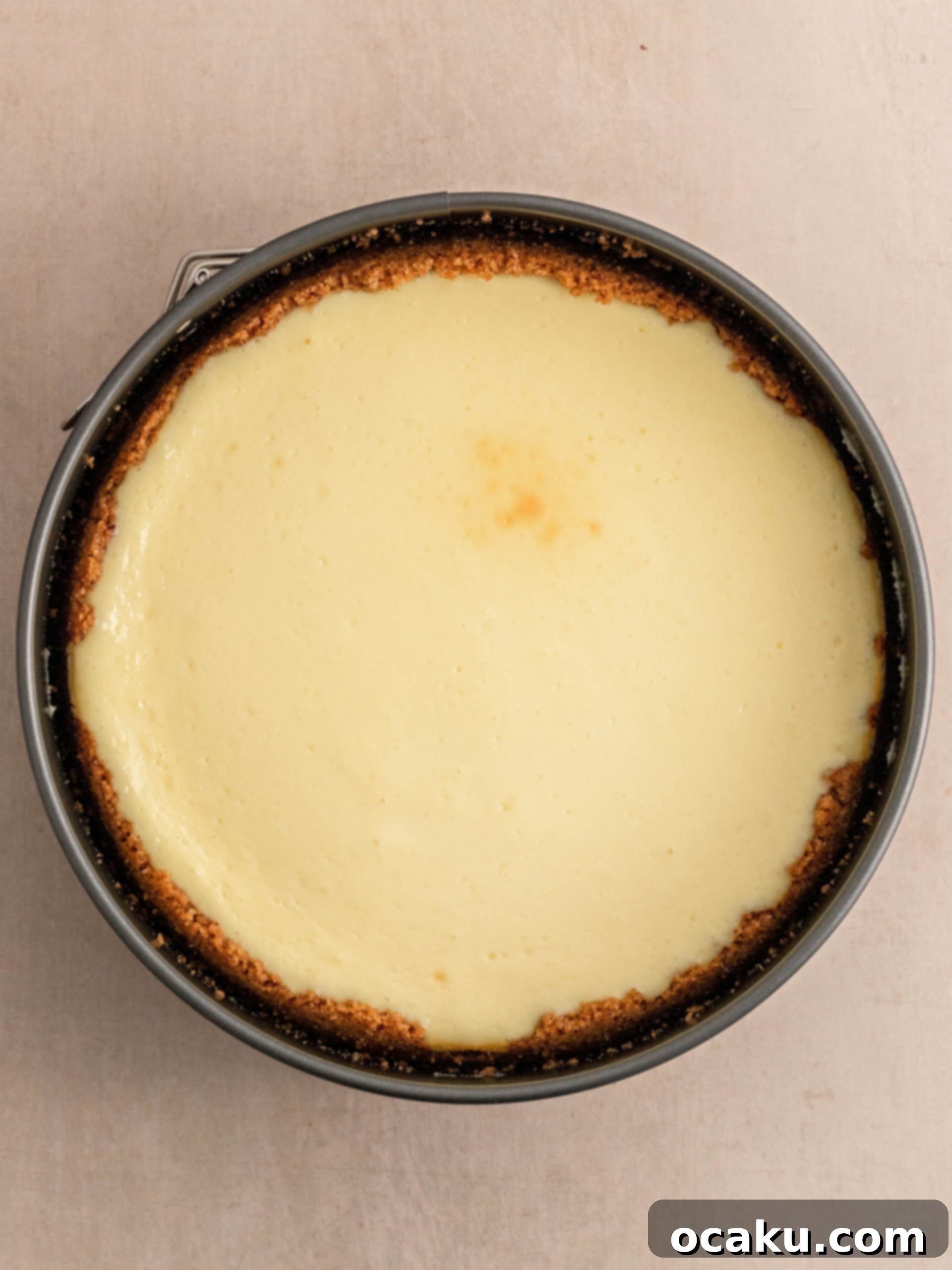 Step-by-step image showing the cheesecake cooling on a wire rack after being removed from the oven.