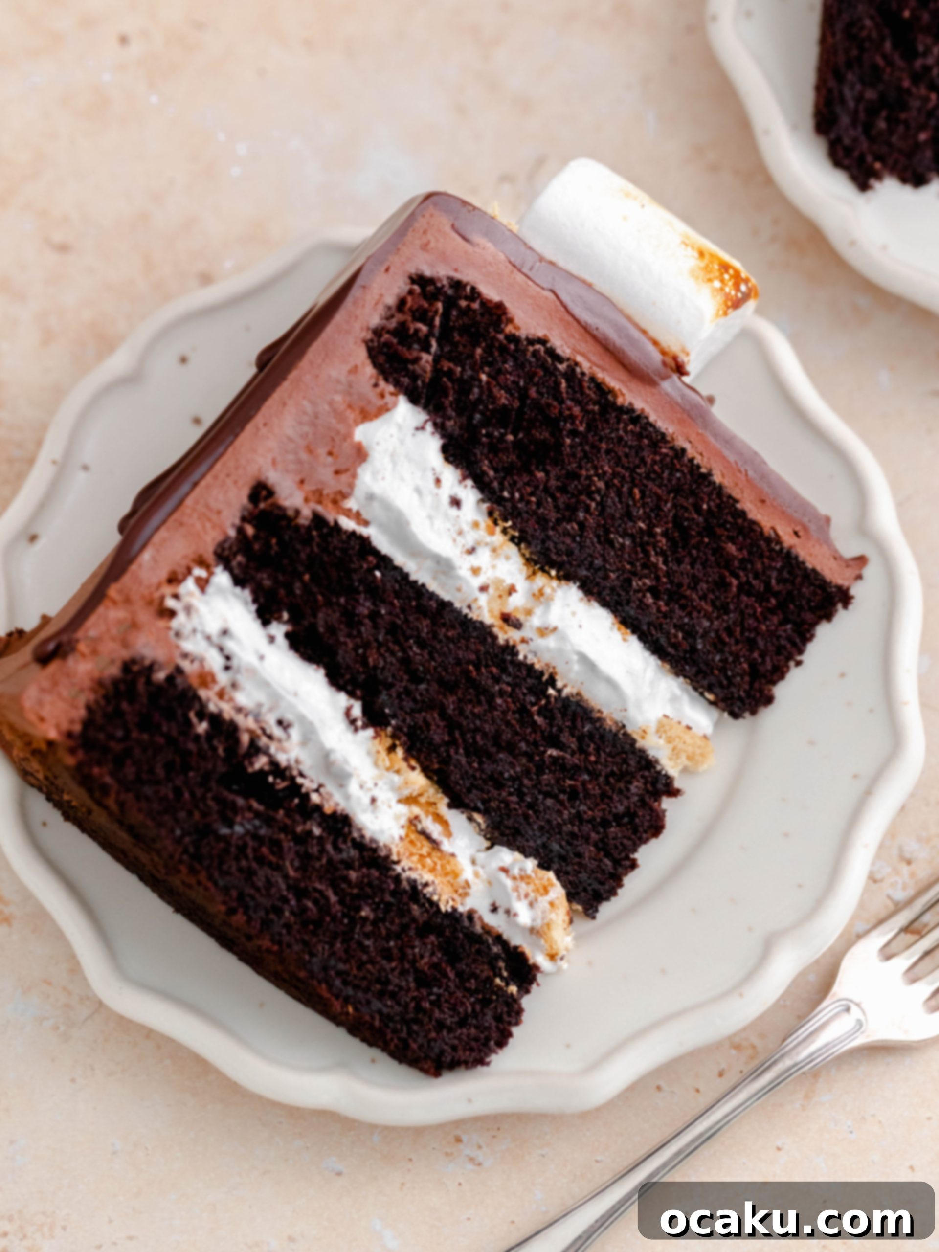 S'mores Dream Cake 5 A beautiful slice of S'mores layer cake on a plate, showing all the decadent layers.