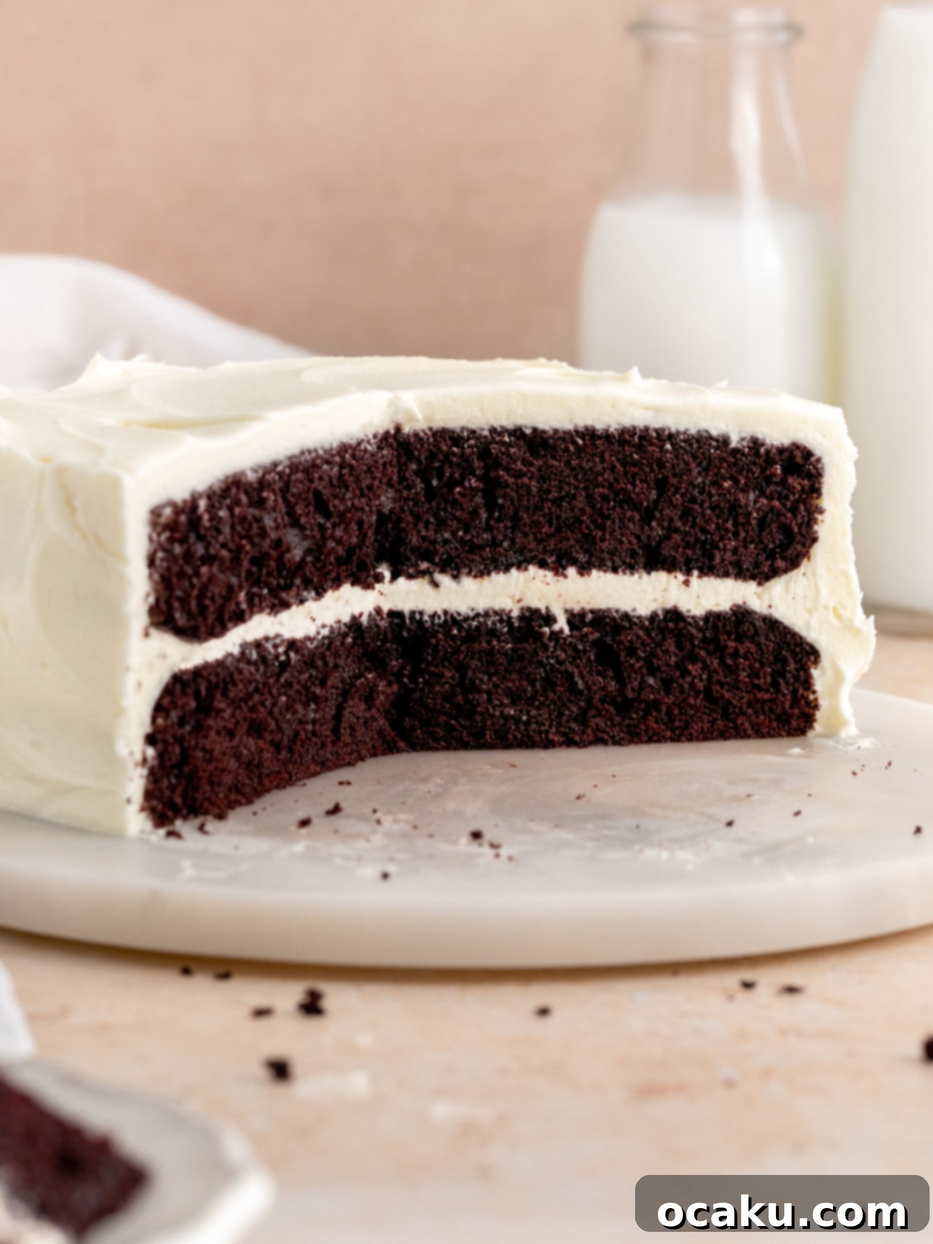 An elegantly frosted chocolate cake with cream cheese frosting, ready to be sliced.