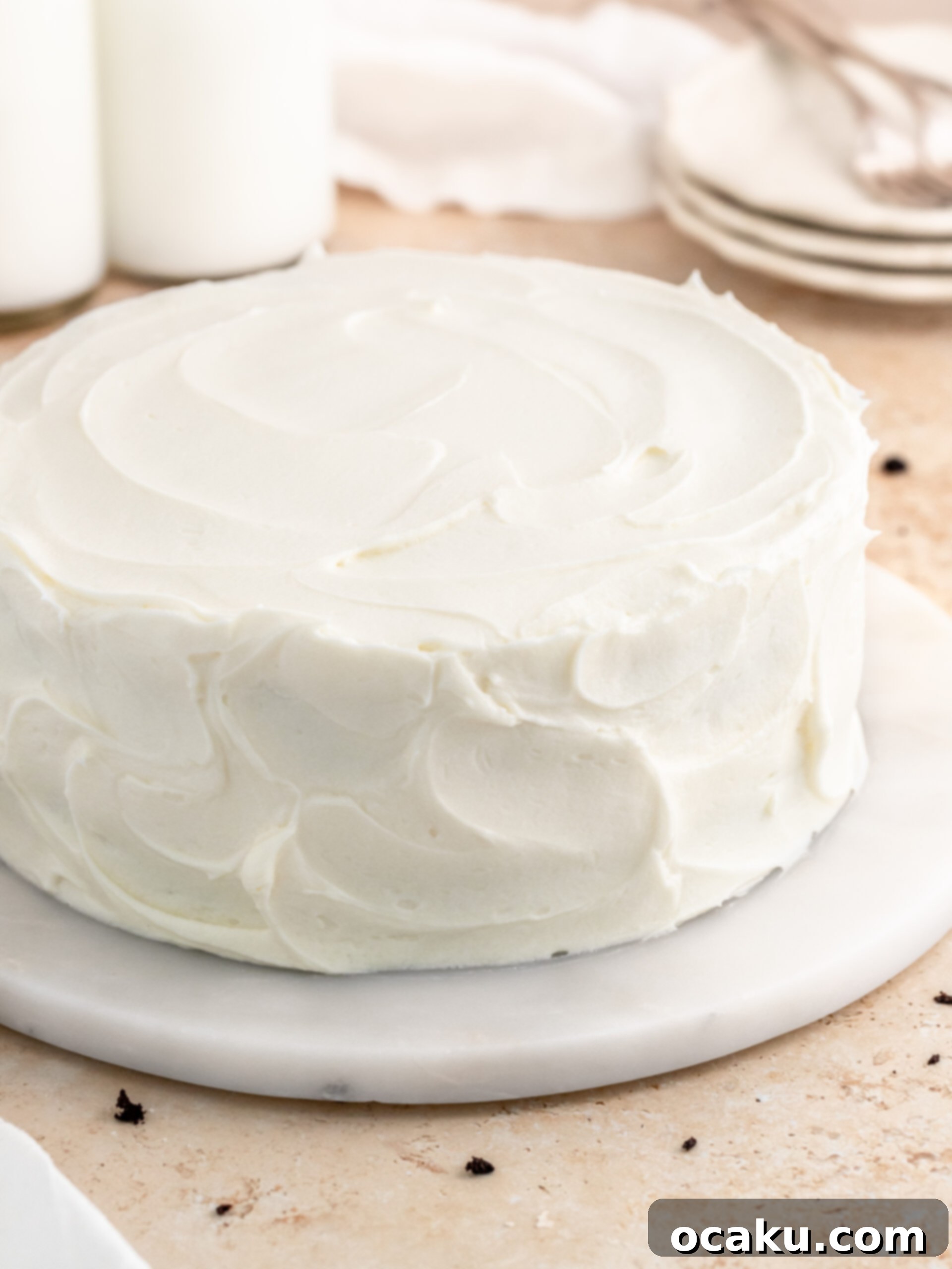 Close-up of a frosted chocolate cake with cream cheese frosting on a decorative cake stand.