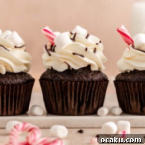 Hot Chocolate Cupcakes topped with vanilla buttercream, mini marshmallows, and a candy cane.