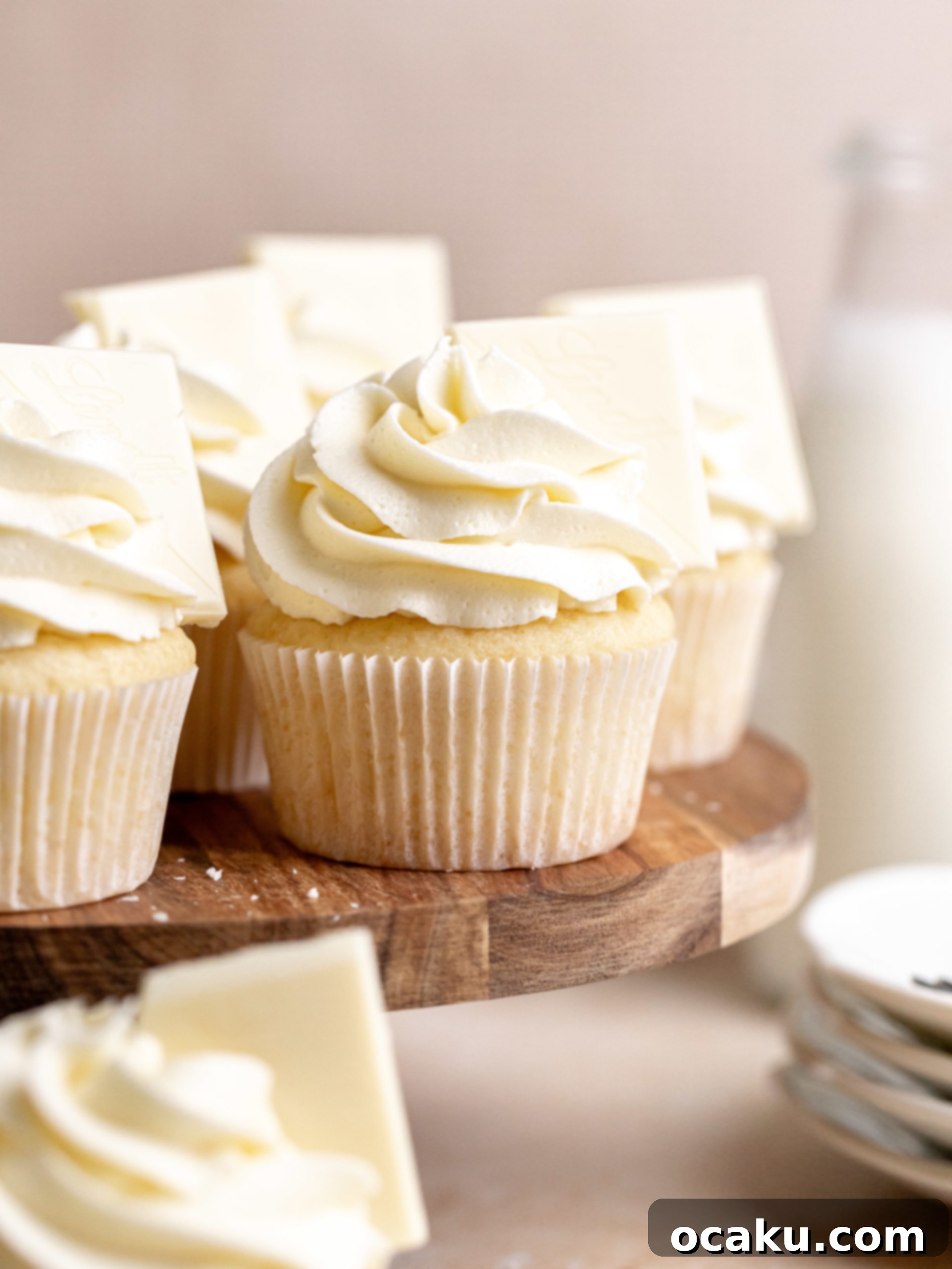 White Chocolate Cupcakes decorated with white chocolate shavings