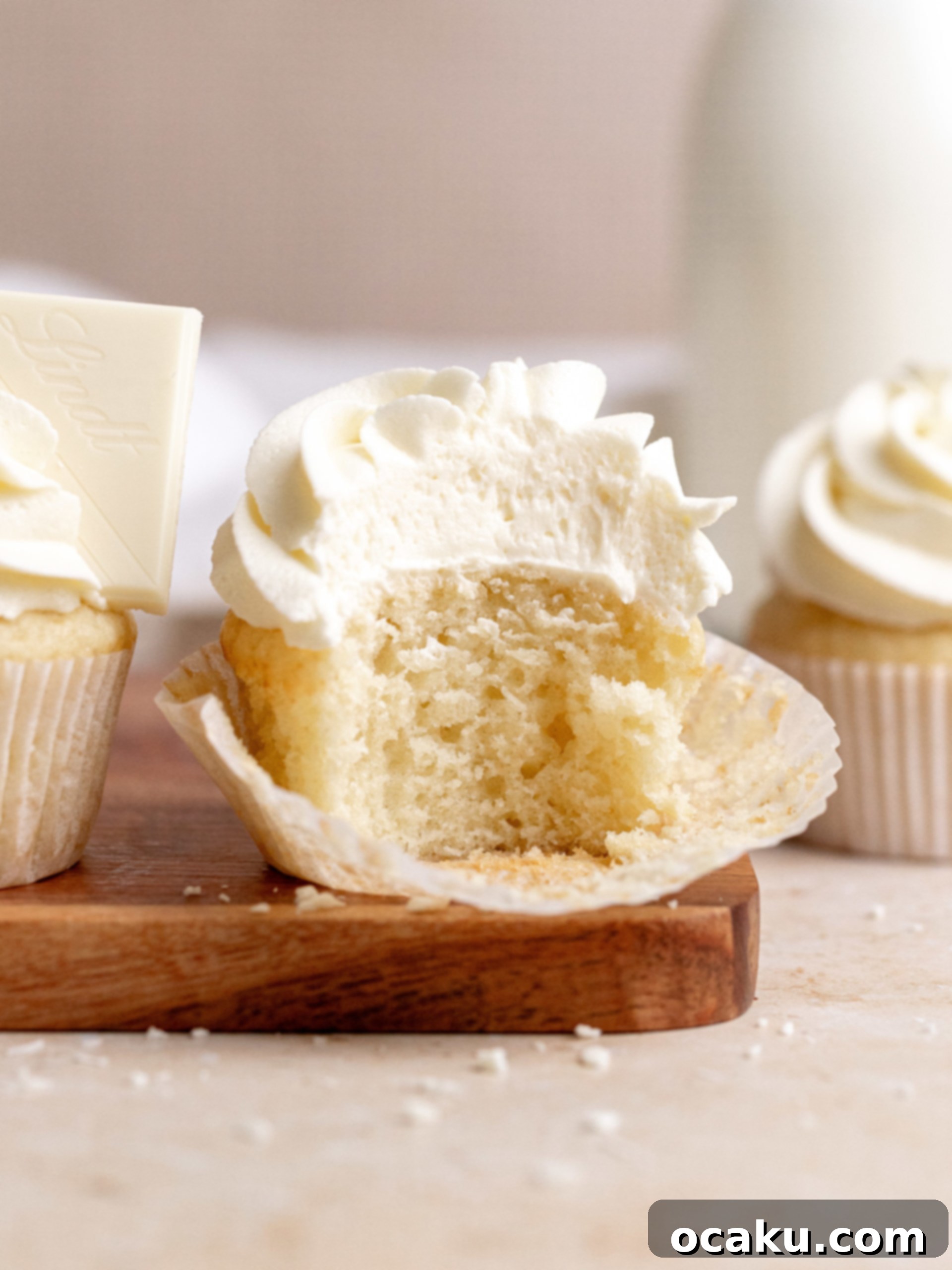 Stack of white chocolate cupcakes ready to be served