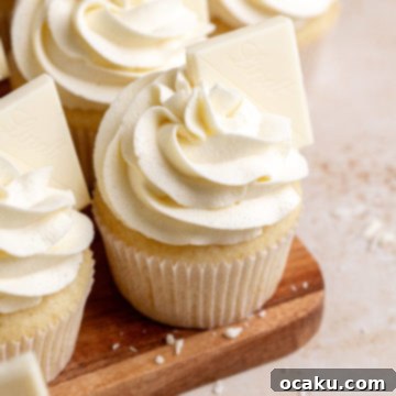 Beautifully frosted White Chocolate Cupcakes