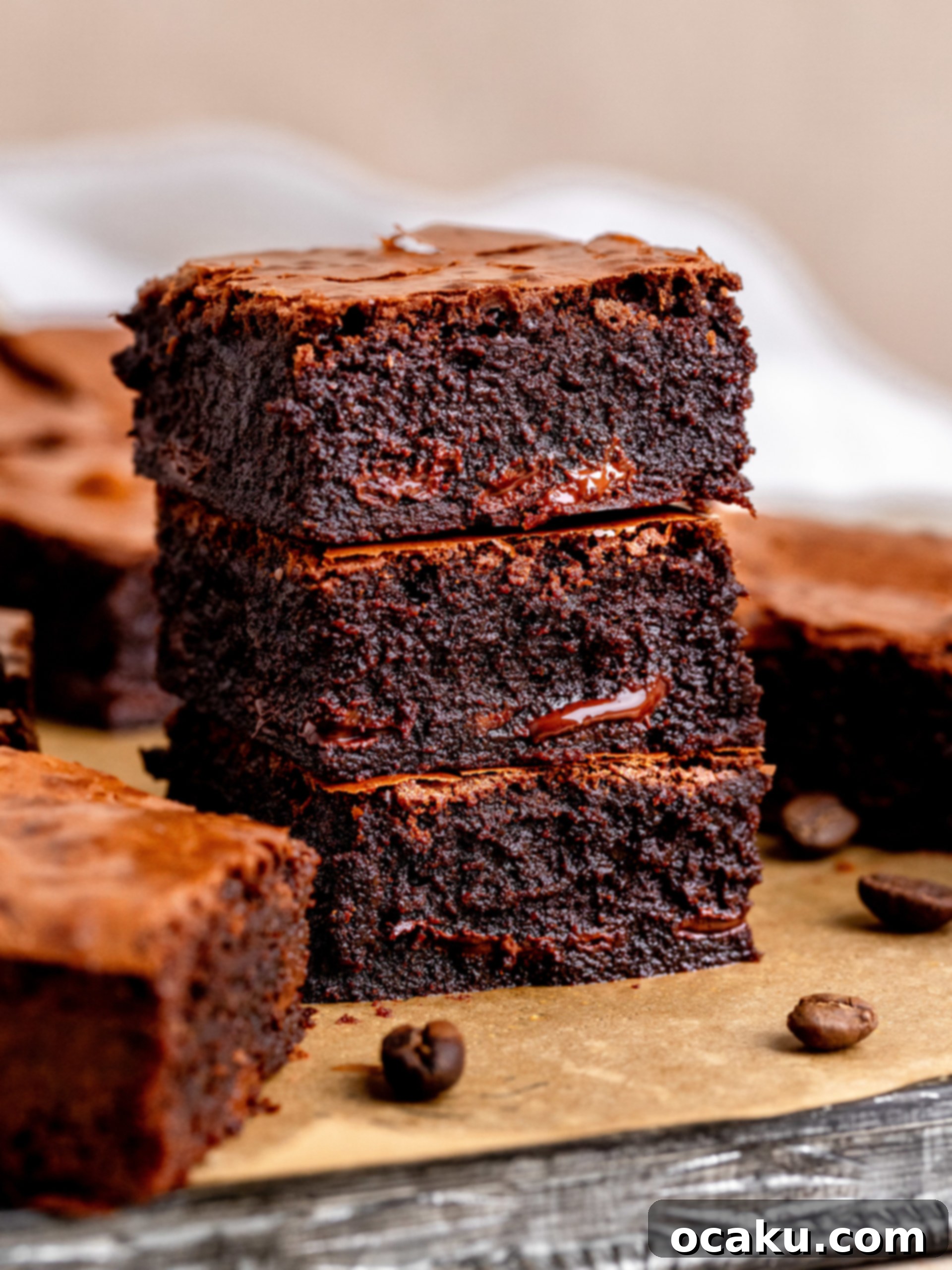 Gooey, fudgy espresso brownies with a shiny, crinkly top, dusted with sea salt.