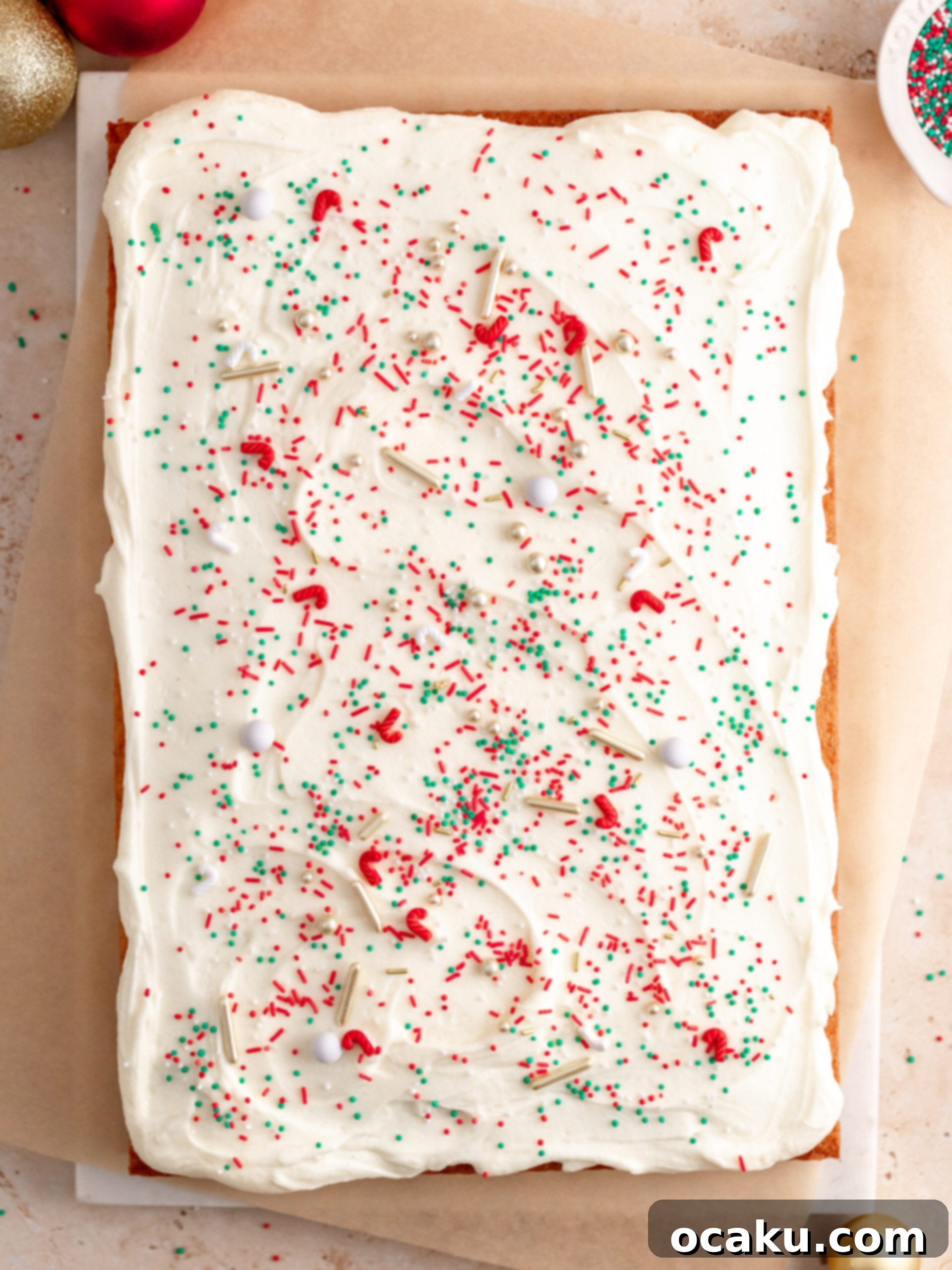 Step 5: Cardamom sheet cake frosted and topped with festive sprinkles.